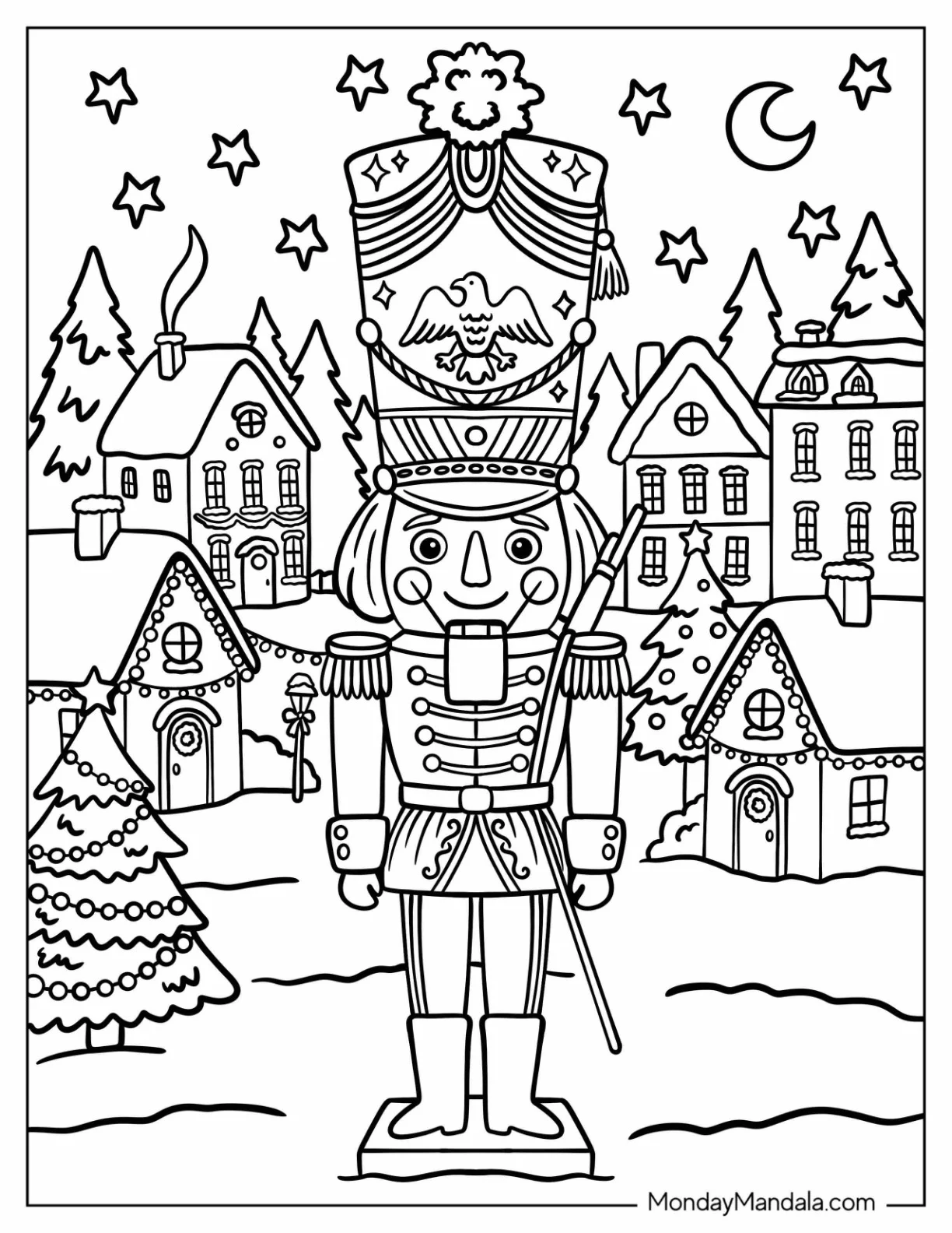 Traditional Nutcracker Soldier in a Snowy Christmas Village Coloring Sheet coloring page
