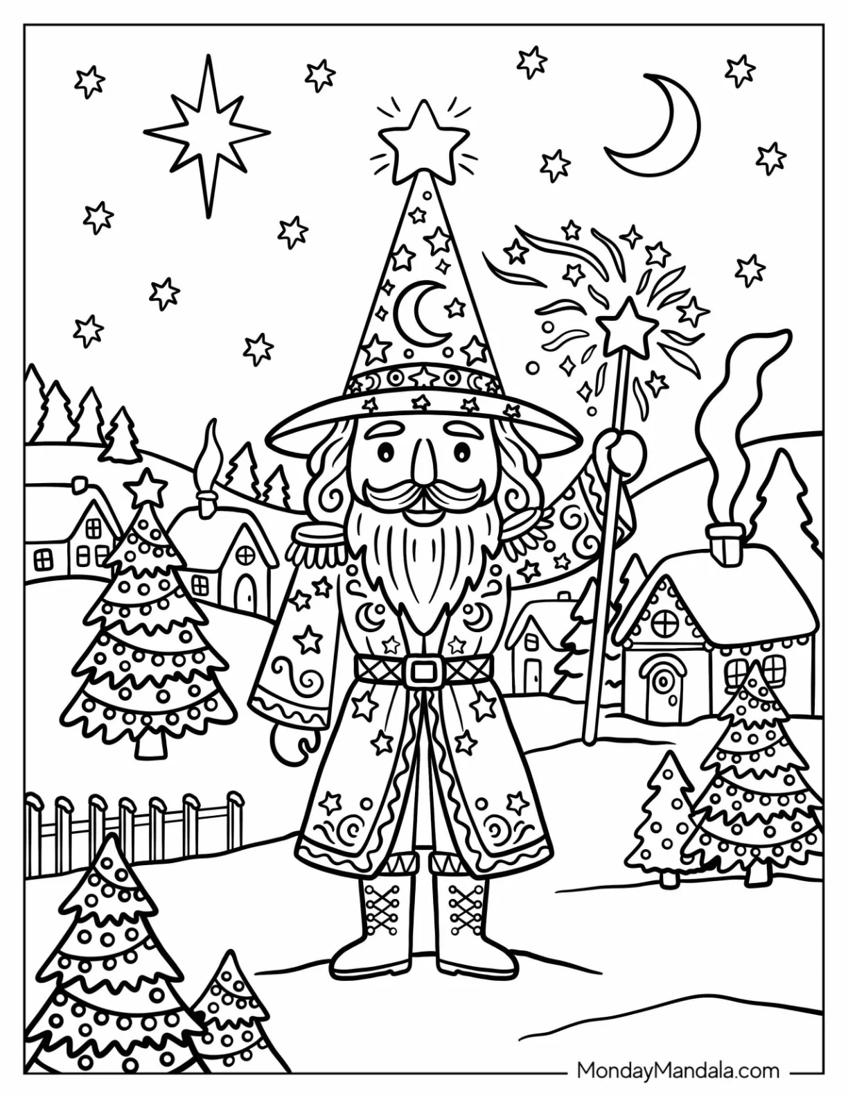 Wizard Nutcracker Holding a Star Wand in a Christmas Village Coloring Page coloring page