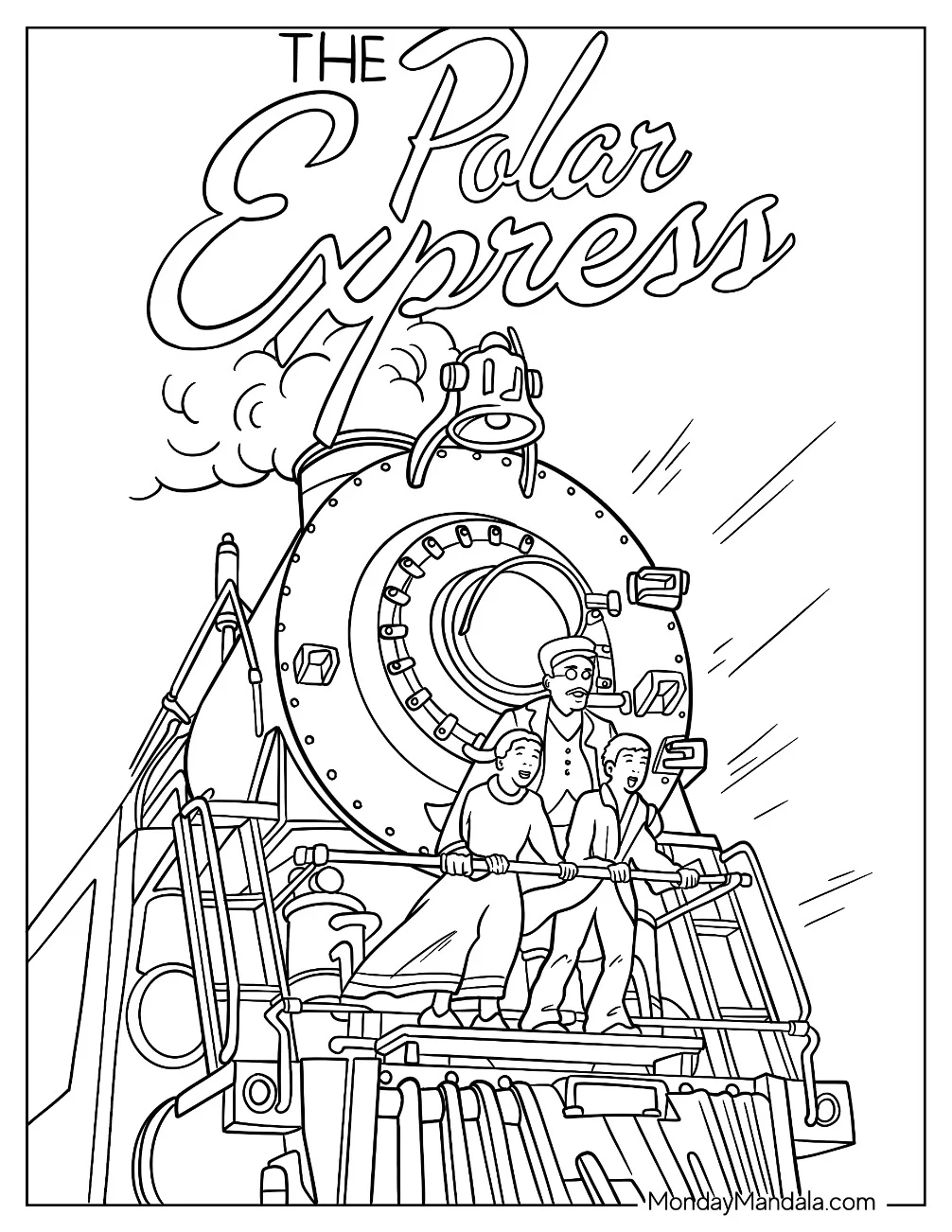 Conductor, Hero Boy, And Hero Girl In Front Of The Polar Express Coloring Page coloring page — printable line art
