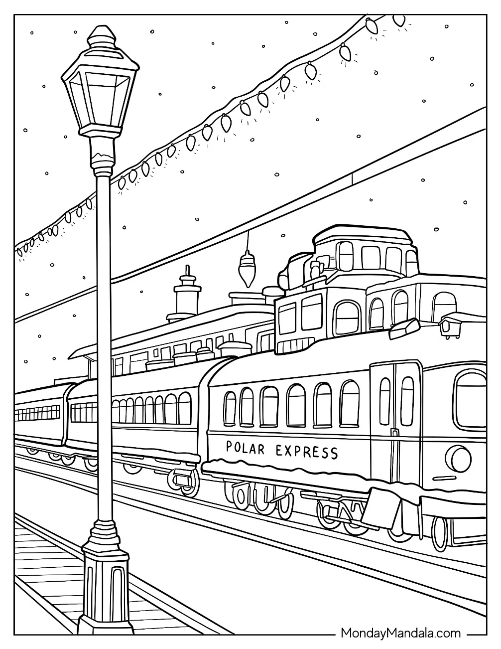 Detailed Polar Express Coloring Page Of Train In A Snowy Night coloring page