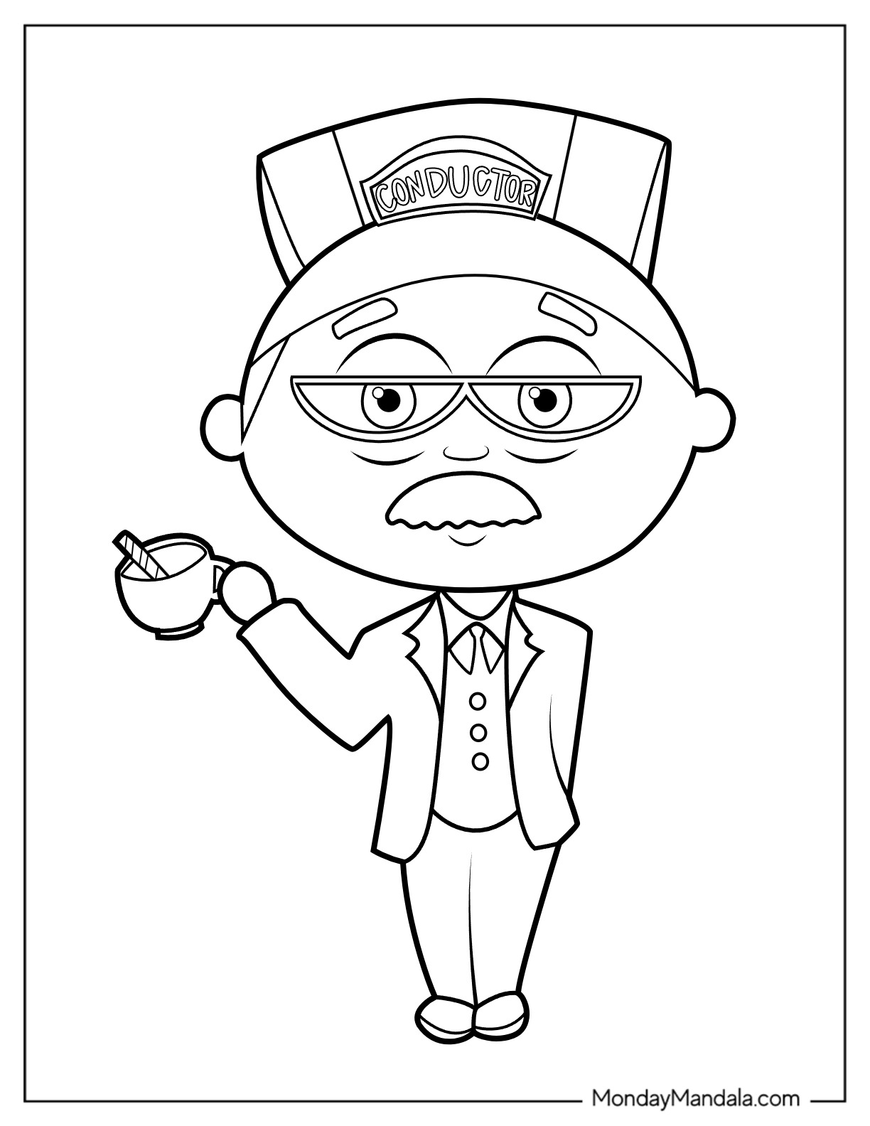 Polar Express Coloring Page Of Cartoon Conductor Holding A Cup Of Hot Coco For Kids coloring page — printable line art