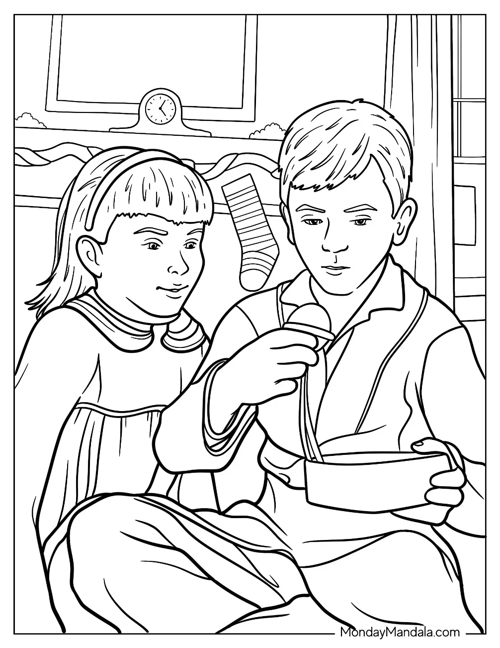 Polar Express Coloring Page Of Hero Boy And Sister Opening A Present coloring page