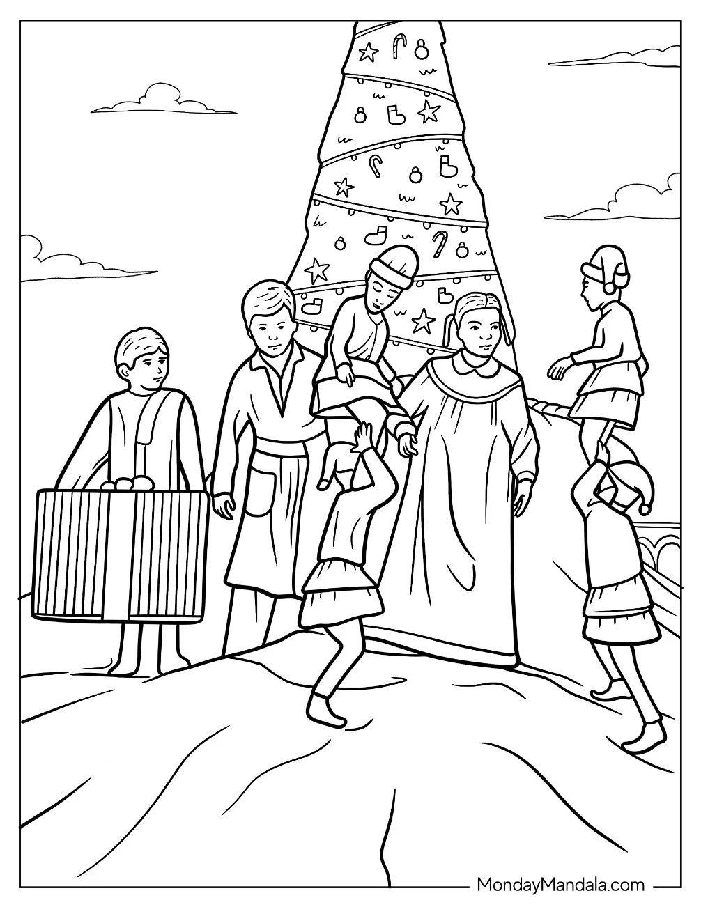 Polar Express Coloring Page Of Hero Boy, Hero Girl, And Lonely Boy With The Elves Around A Christmas Tree coloring page
