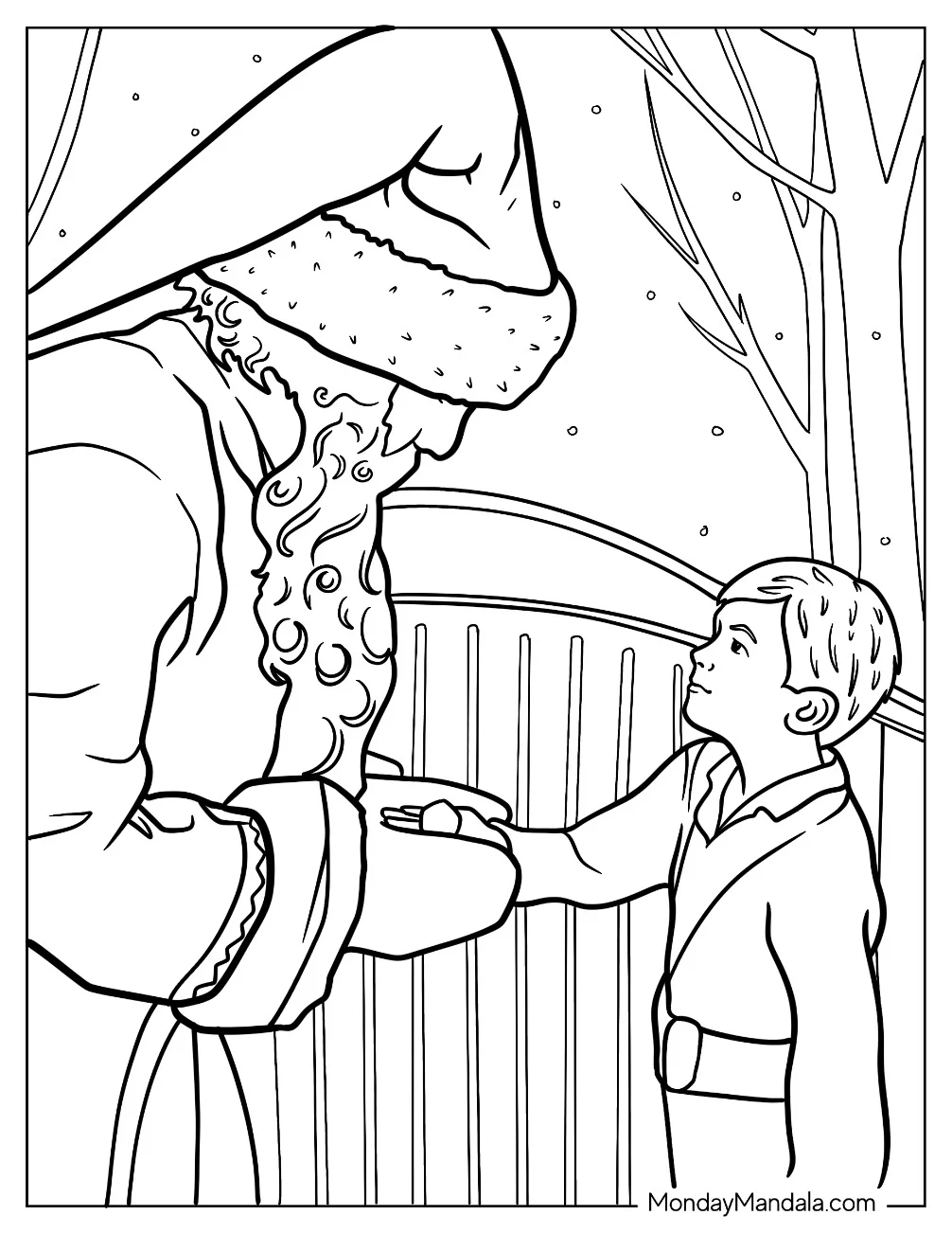 Polar Express Coloring Page Of Hero Boy Shaking Hands With Santa Claus coloring page — printable line art