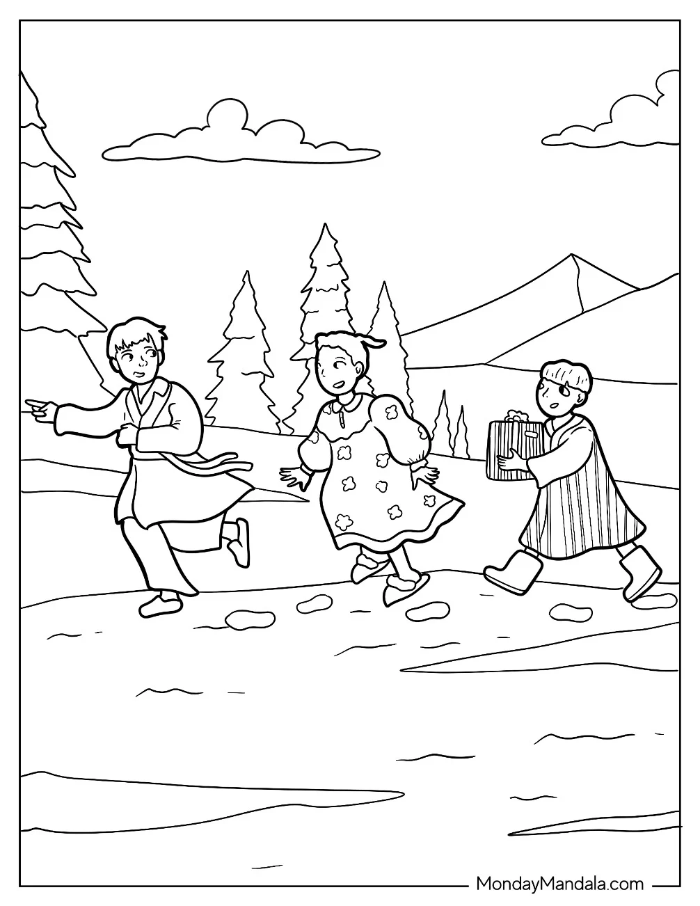 Polar Express Coloring Page Of Lonely Boy And Hero Girl Chasing Hero Boy In The Snow coloring page