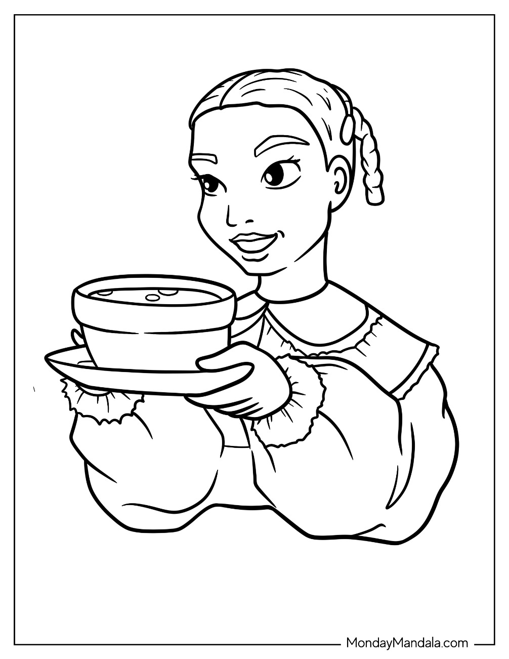 Polar Express Coloring Page Of Pretty Hero Girl Holding A Bowl Of Soup For Kids coloring page — printable line art