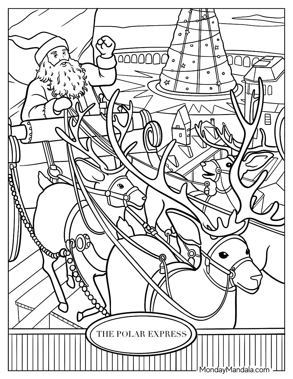 Polar Express Coloring Page Of Santa Claus On His Sleigh Flying Over The North Pole coloring page