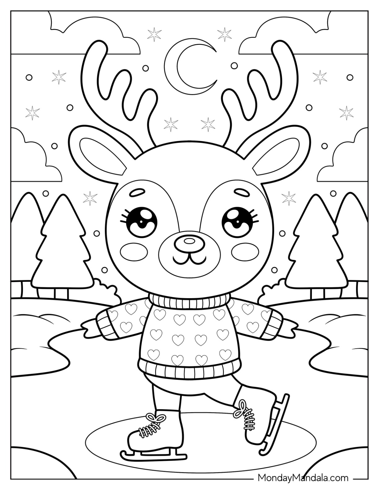 Adorable Little Reindeer in a Sweater Ice Skating Coloring Page for Preschoolers coloring page — printable line art