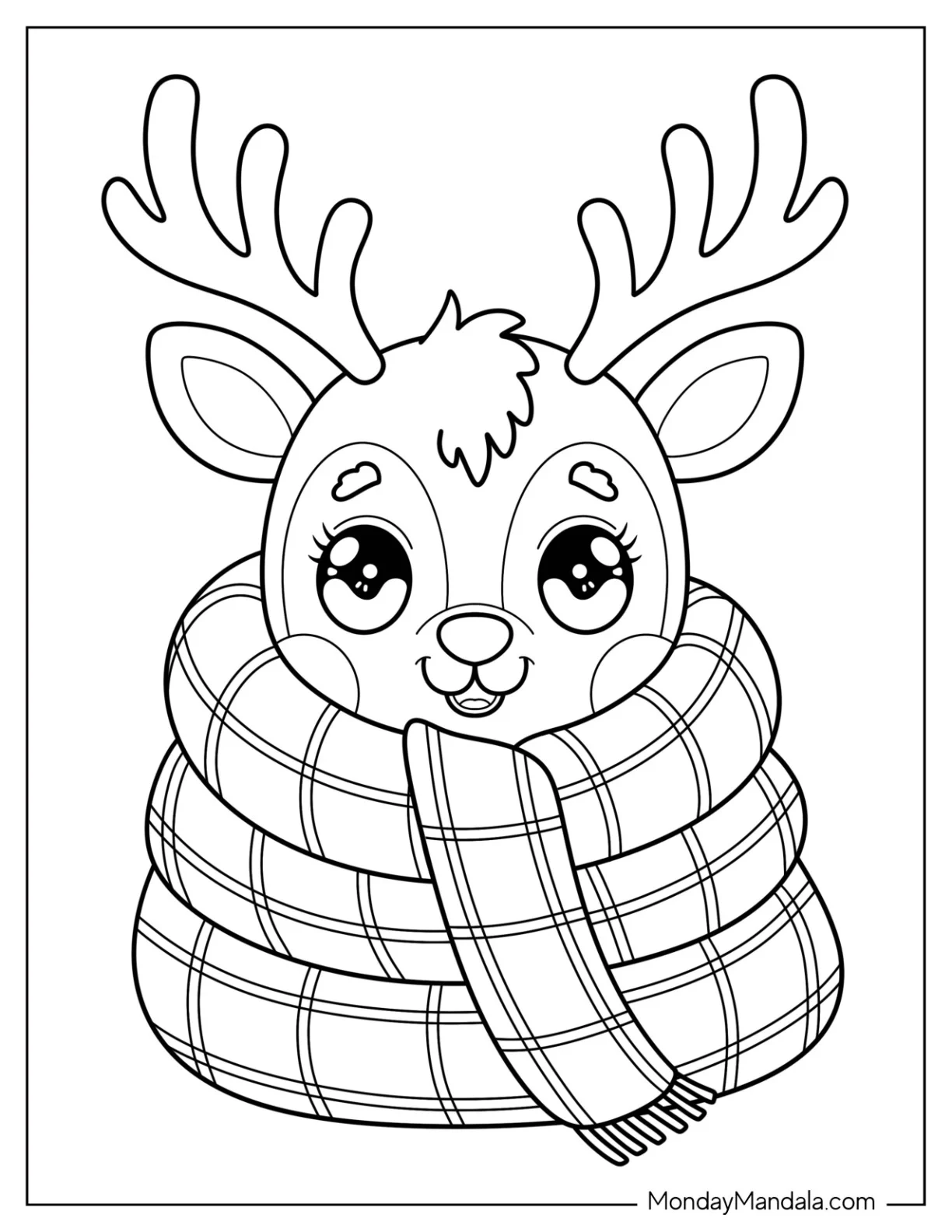 Baby Reindeer Bundled in a Plaid Scarf Coloring Page for Preschoolers coloring page — printable line art