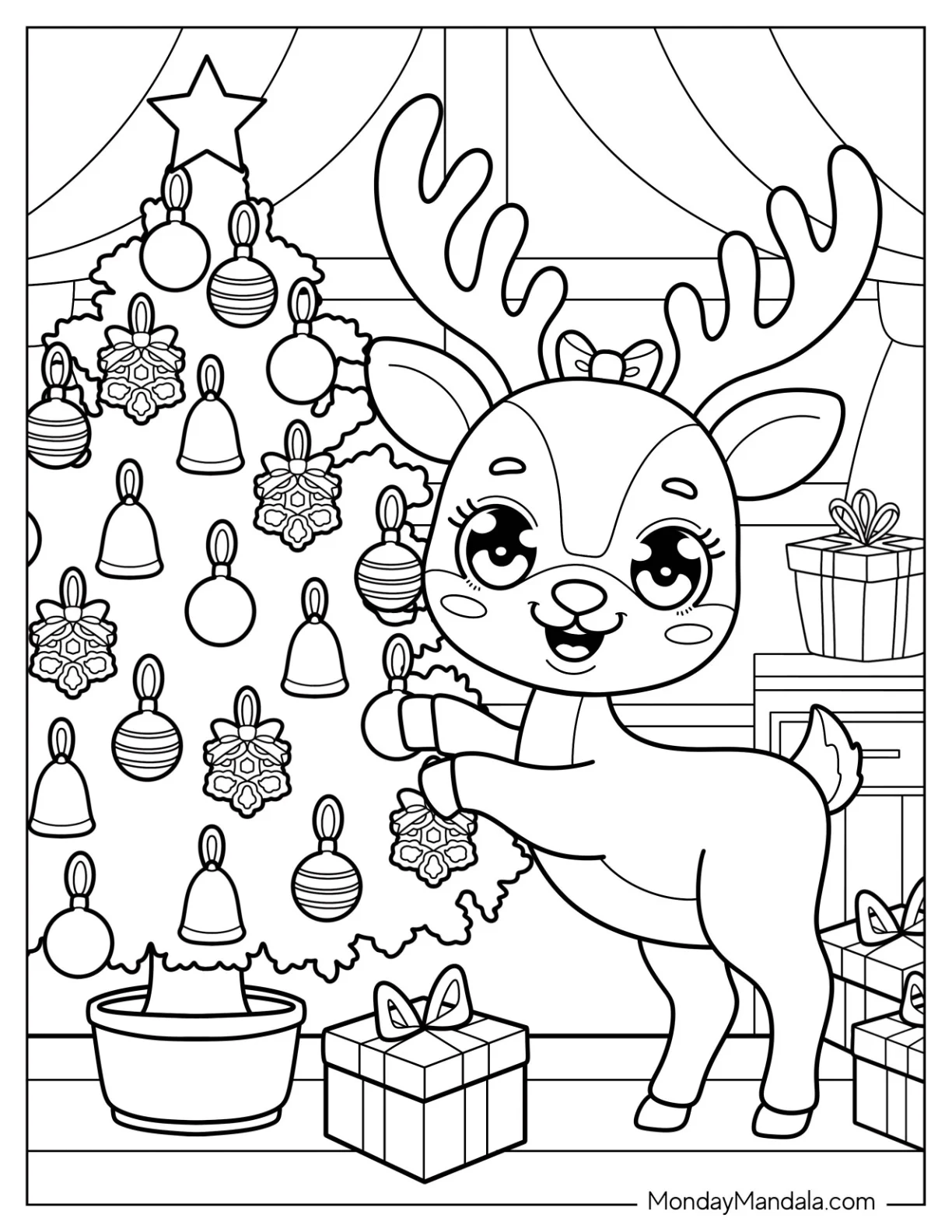 Chibi Reindeer Decorating a Christmas Tree Coloring Sheet for Preschoolers coloring page — printable line art