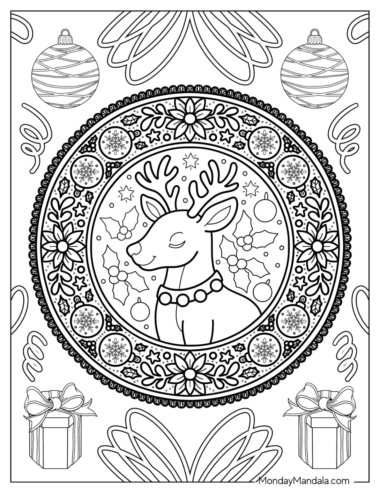 Detailed Reindeer Mandala With Hollies, Baubles, Confetti, and Frills coloring page — printable line art