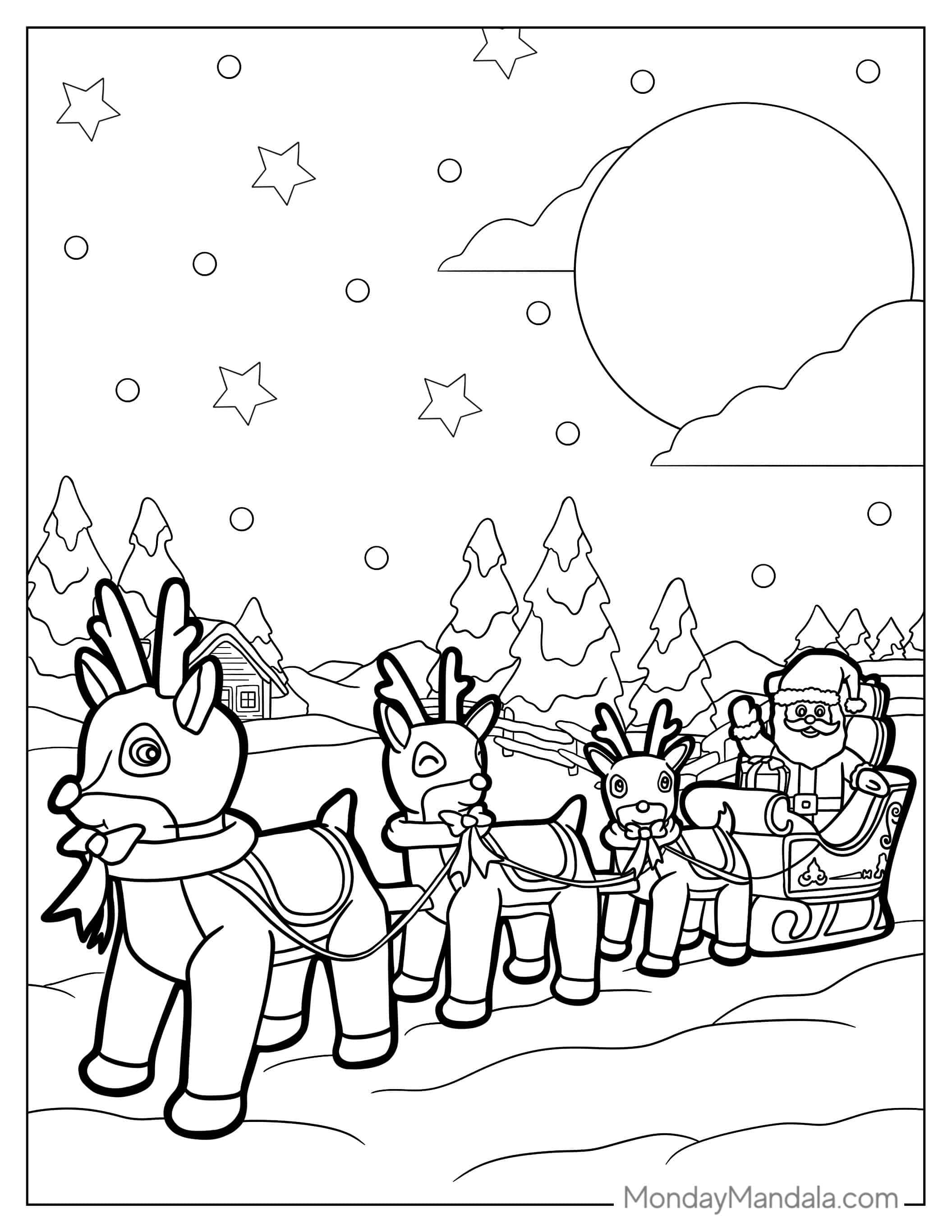 Easy Santa And His Reindeer To Color For Preschoolers coloring page