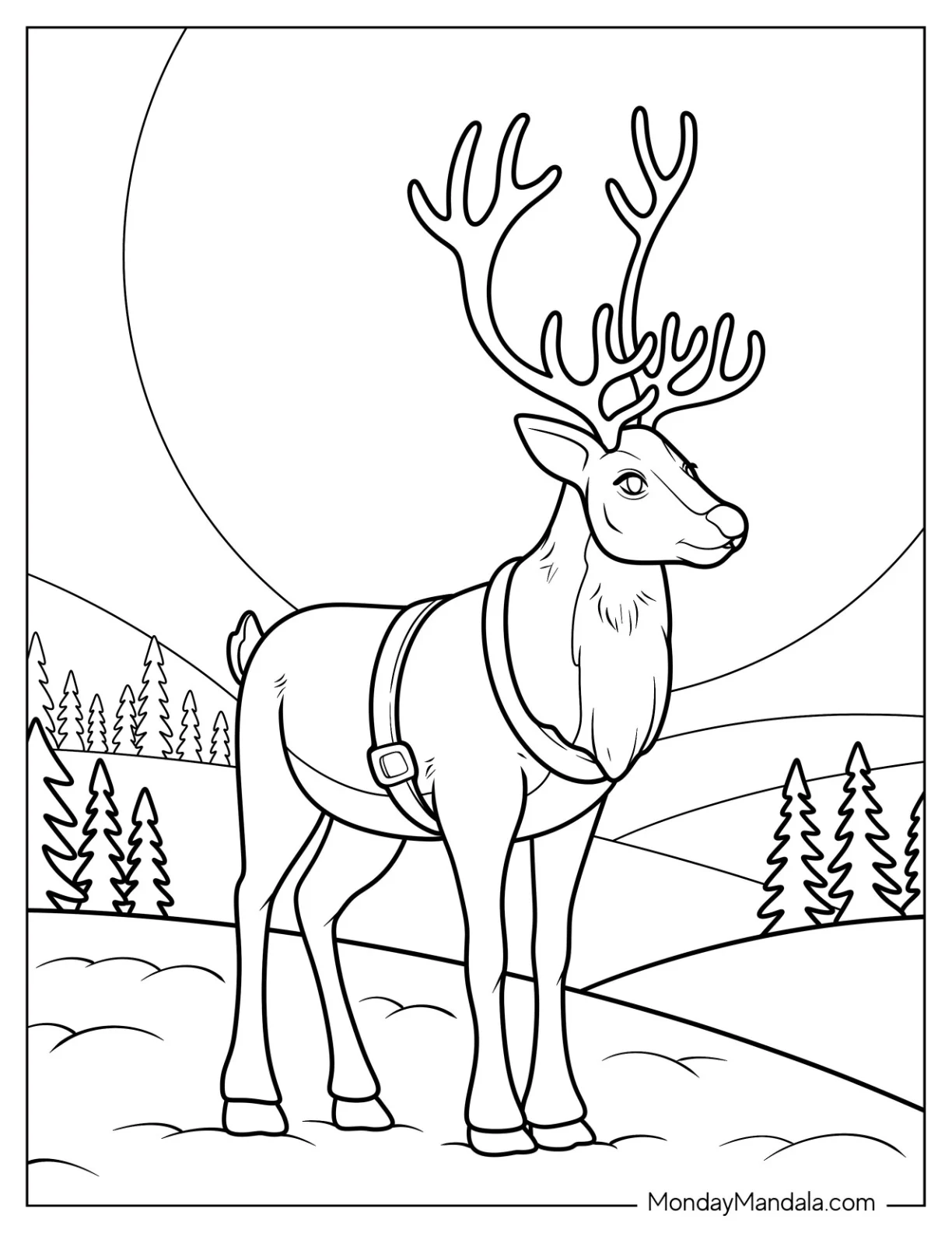 Elegant Reindeer with Harness Standing on a Snowy Hill at Night Coloring Page coloring page — printable line art