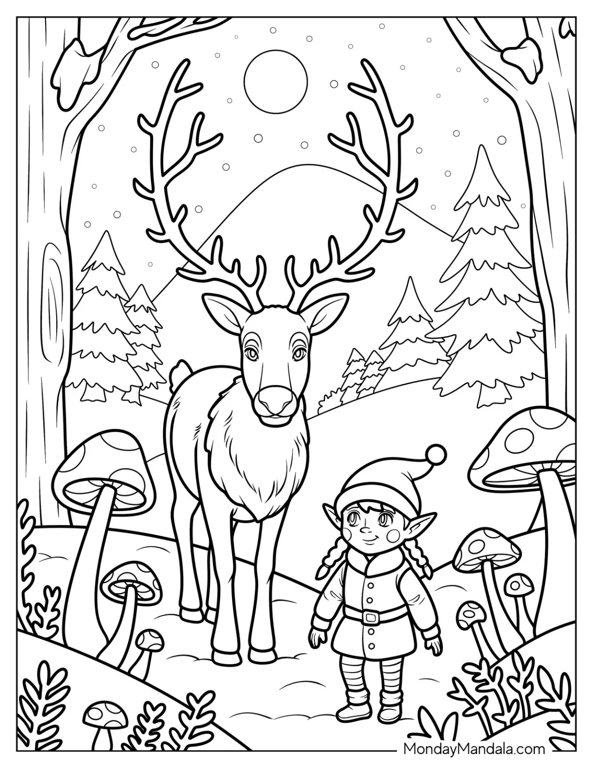 Elf Standing in a Forest With a Majestic Reindeer in Winter Coloring Sheet for Kids coloring page — printable line art