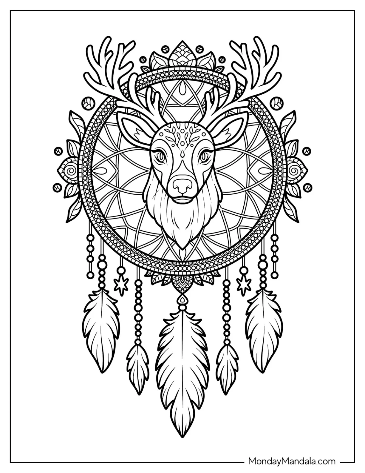 Intricate Reindeer Dreamcatcher with Beads and Feathers coloring page