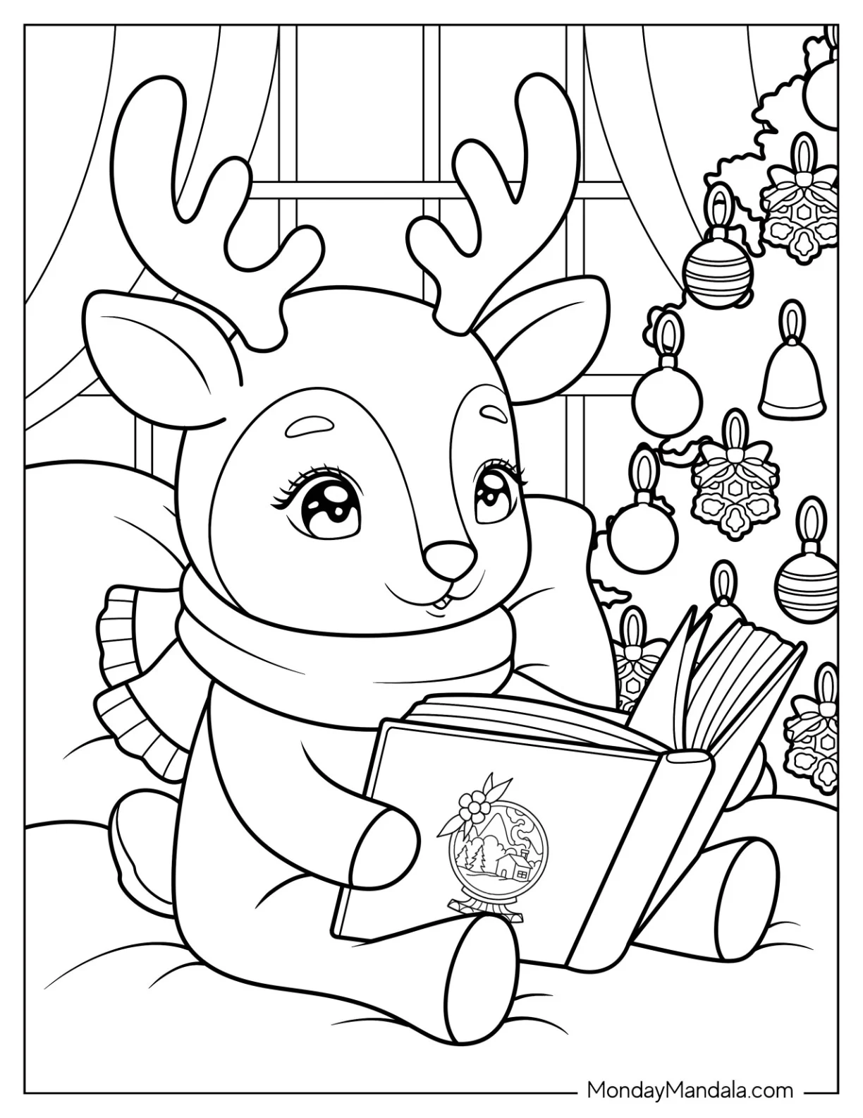 Peaceful Reindeer in a Scarf Reading Next to the Christmas Tree Coloring Page for Kids coloring page