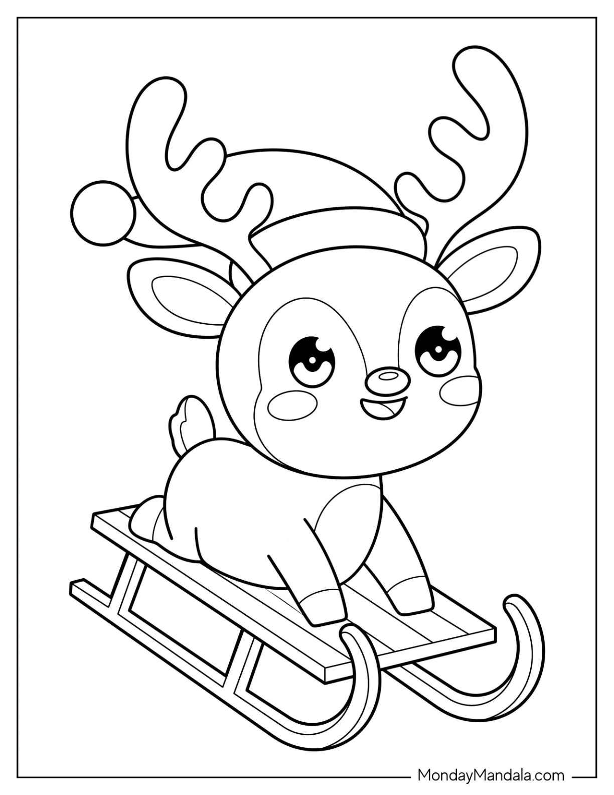 Playful Reindeer in Santa Hat Sledding Coloring Sheet for Preschoolers coloring page