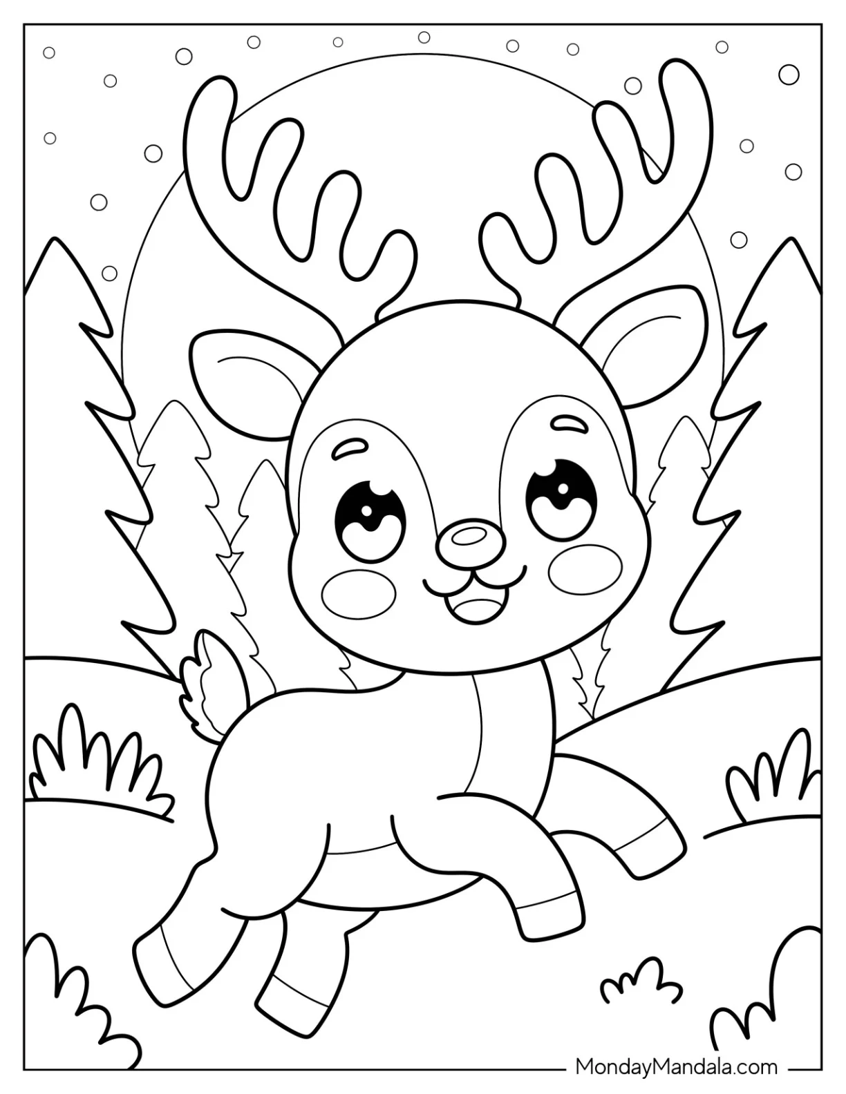 Pretty Little Reindeer Trotting in a Snowy Forest Coloring Page for Preschoolers coloring page