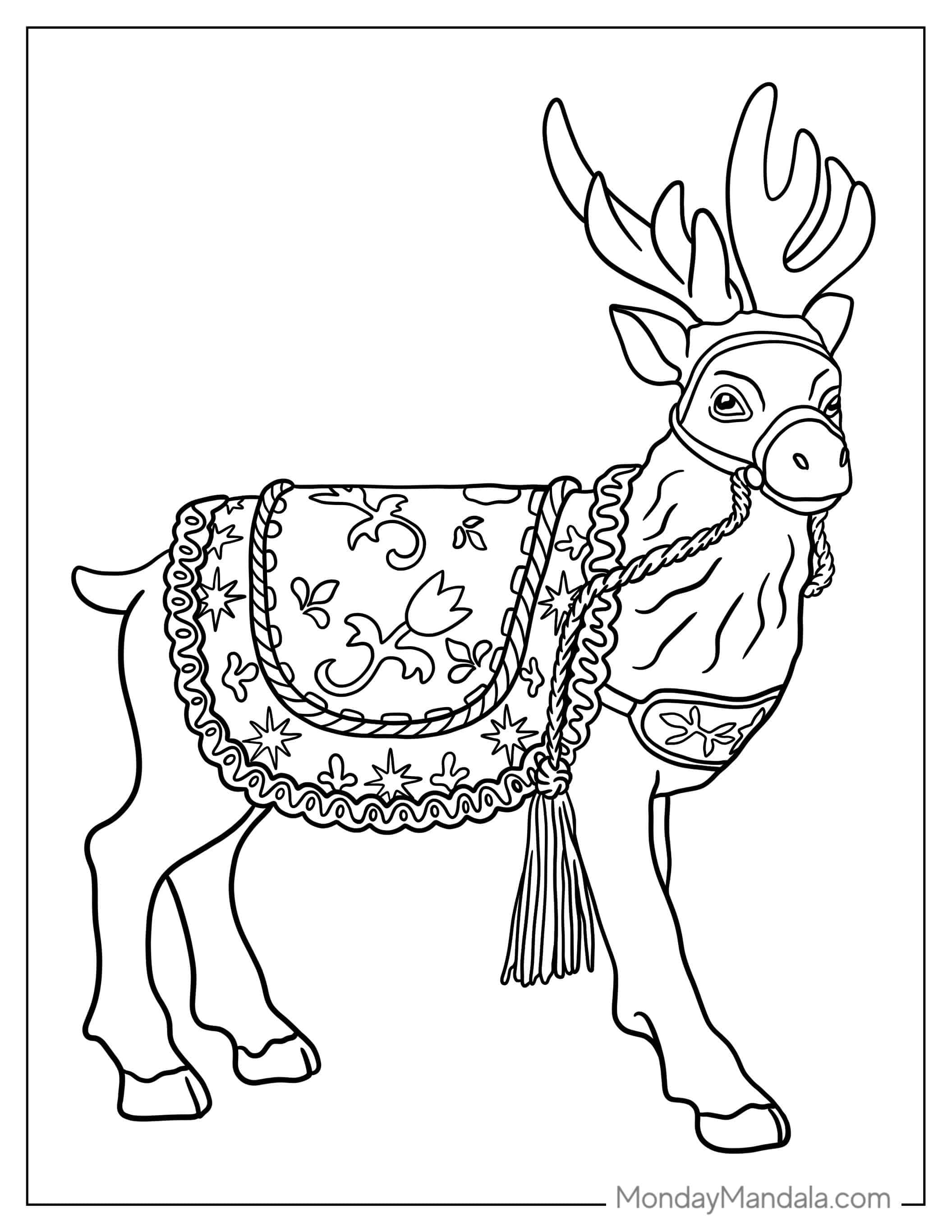 Realistic Looking Reindeer Wearing a Christmas Saddle coloring page