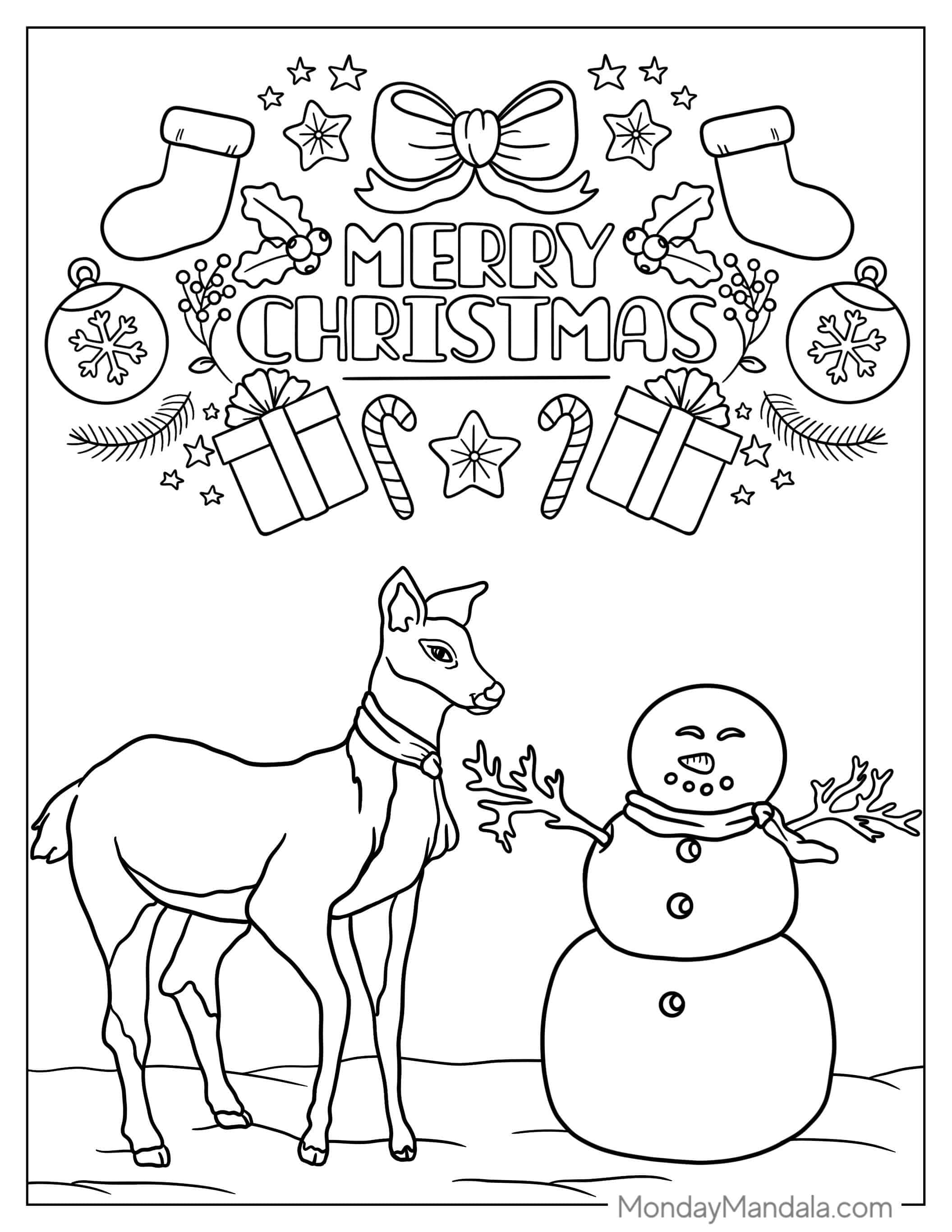 Reindeer And Snowman To Color coloring page — printable line art