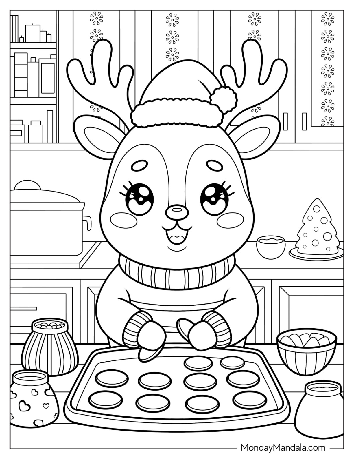 Reindeer Baking Cookies on Christmas Coloring Sheet coloring page