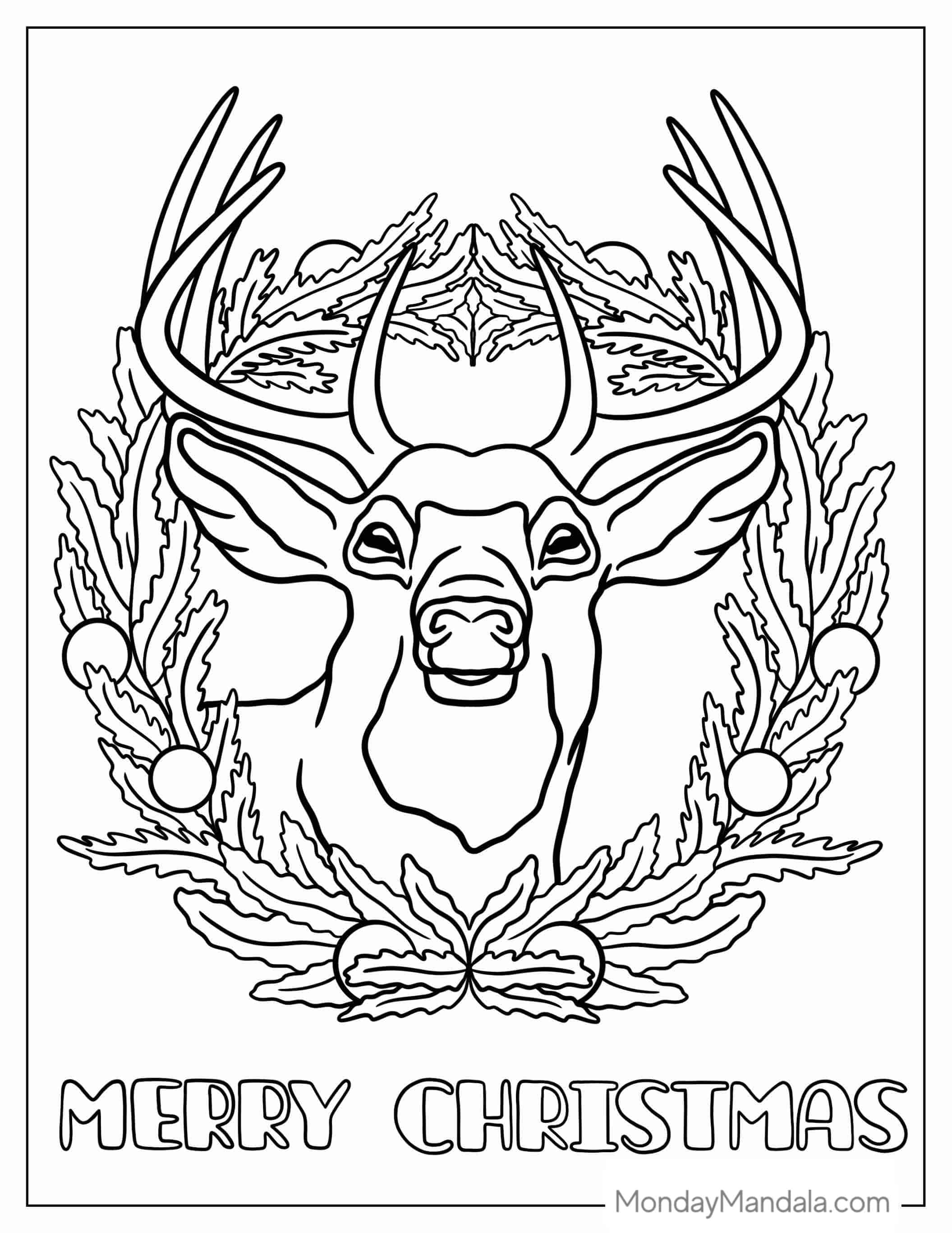 Reindeer In Christmas Wreath To Color coloring page — printable line art