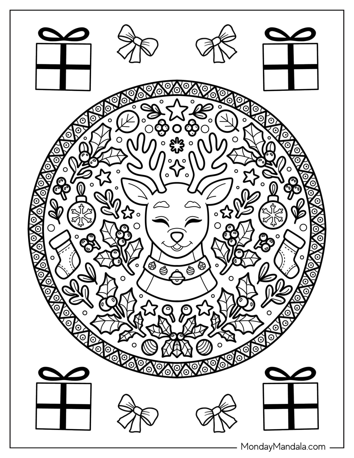 Reindeer Mandala With Baubles, Stockings, Hollies, and Laurels coloring page — printable line art