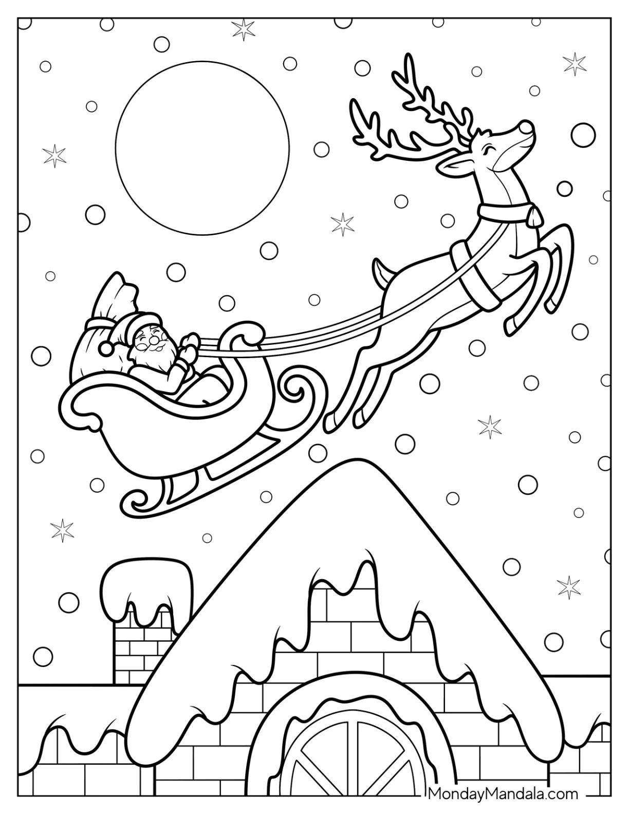 Reindeer Pulling Santa s Sleigh Above A House Coloring Sheet coloring page — printable line art