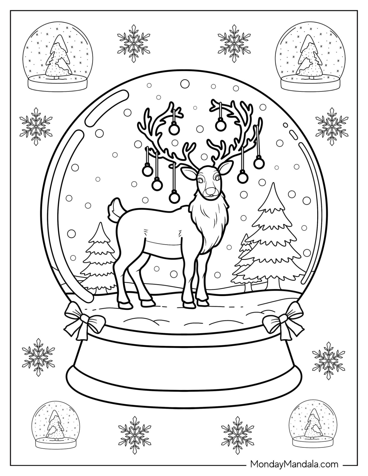 Reindeer Snow Globe With Snowflakes Coloring Page coloring page — printable line art