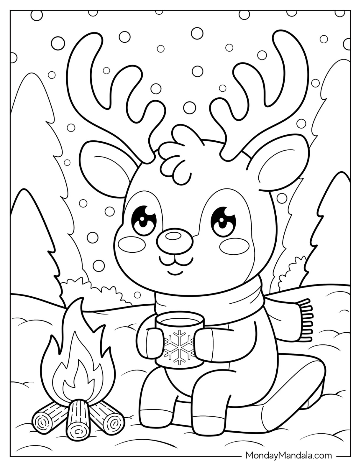 Relaxed Reindeer Holding Coffee Mug in Front of Bonfire Coloring Sheet coloring page