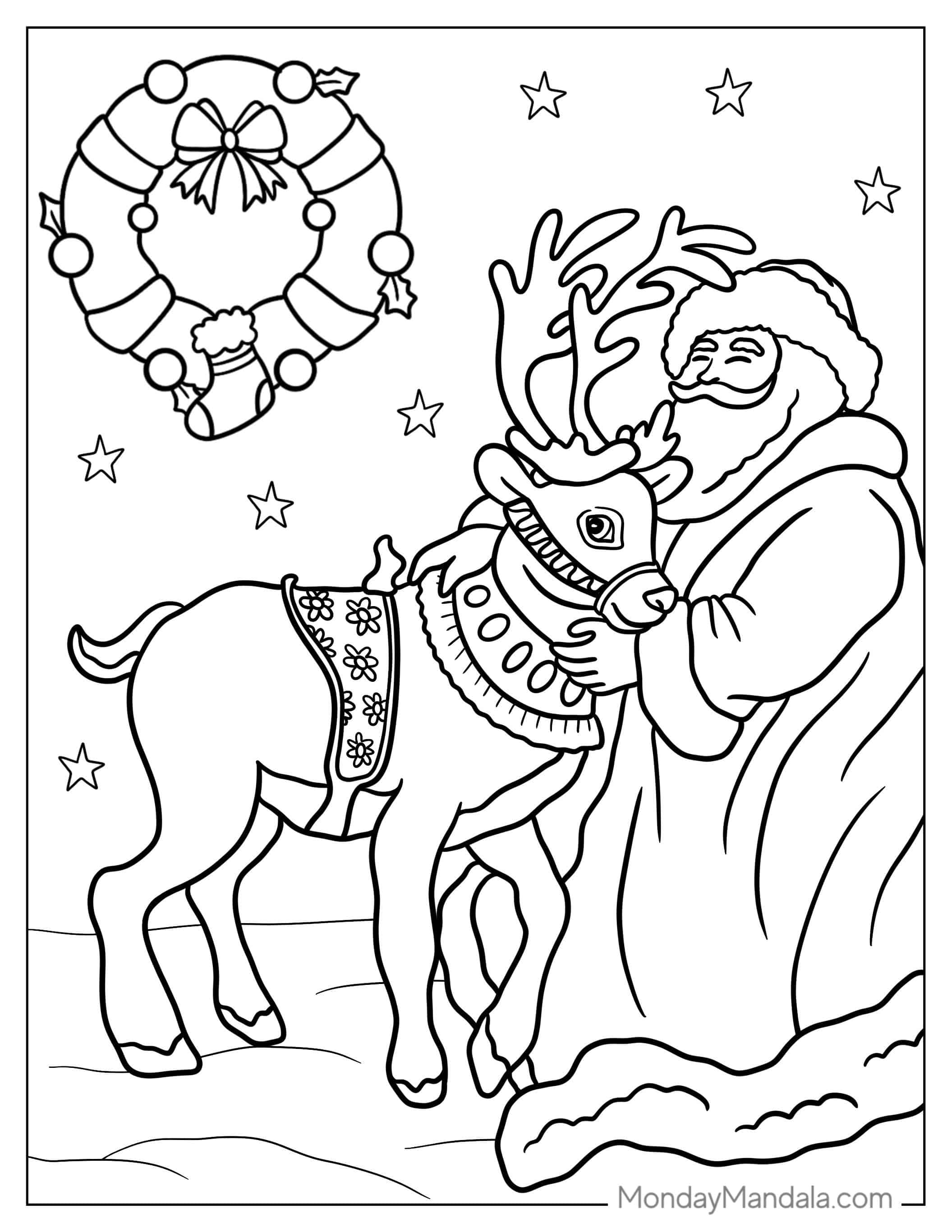 Santa Comforting Dancer The Reindeer coloring page — printable line art