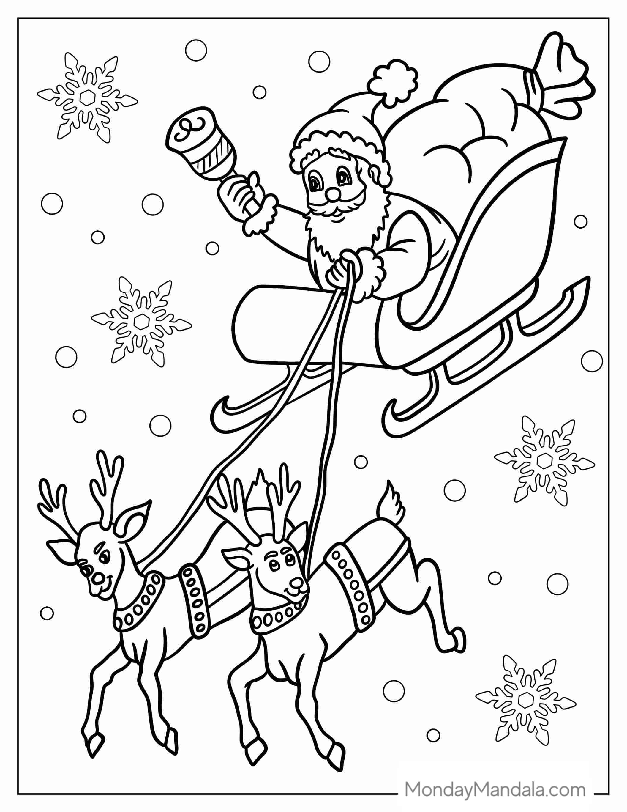 Santa Flying In The Sky With His Reindeer coloring page — printable line art