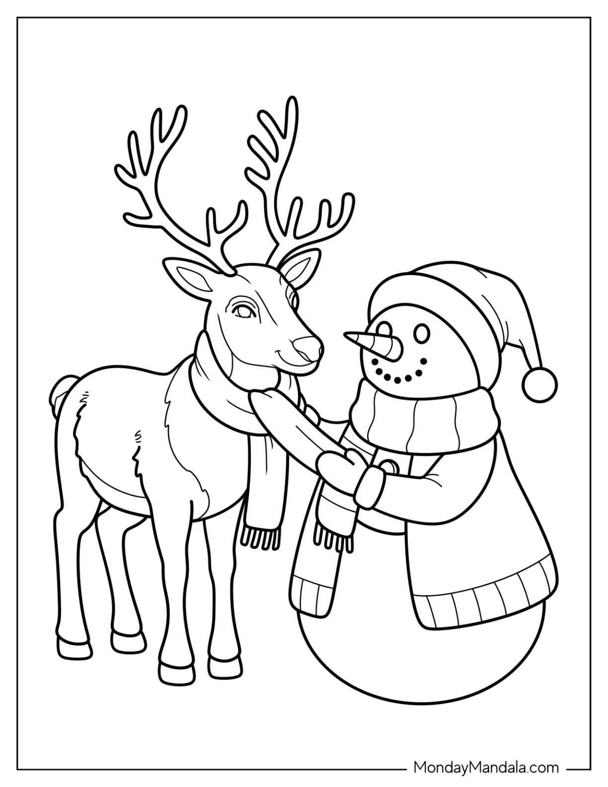Snowman Wrapping a Scarf around a Reindeer s Neck Coloring Sheet coloring page — printable line art