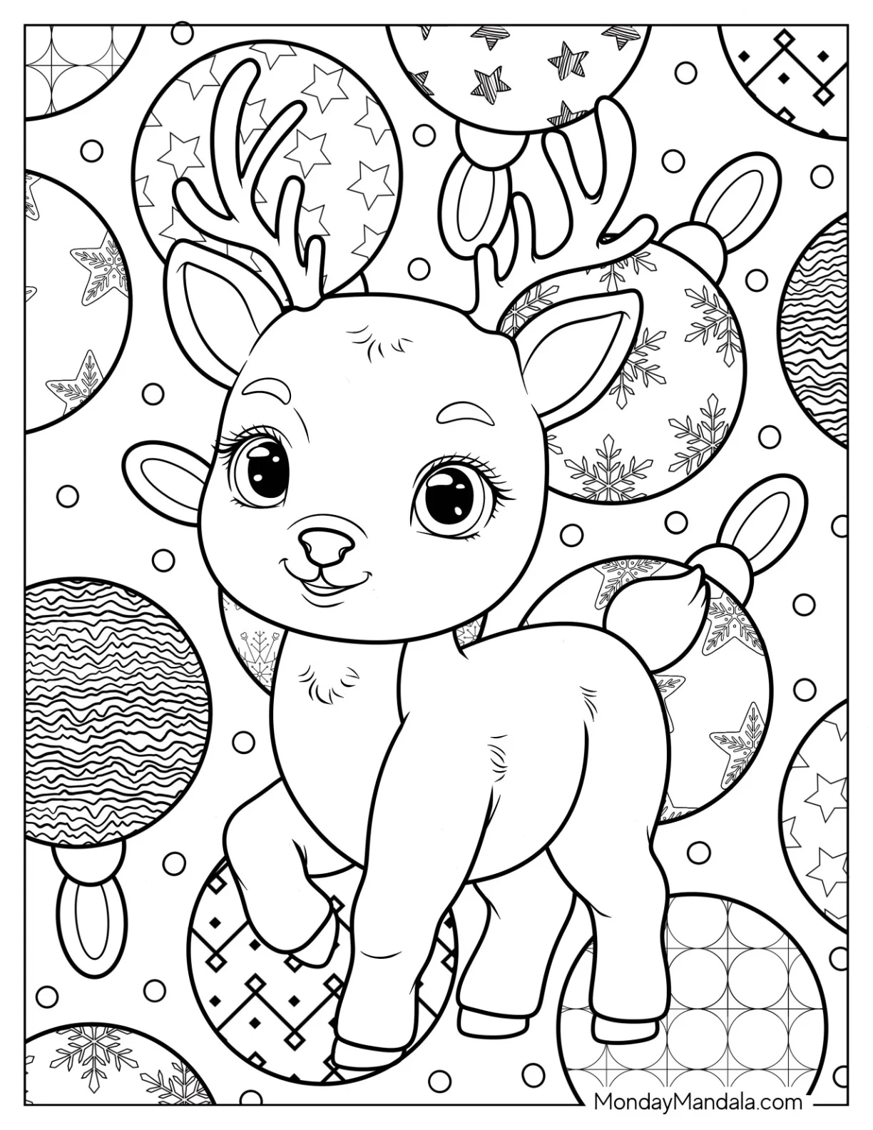 Young Reindeer With Fluffy Tail and Bauble Background Coloring Sheet for Kids coloring page