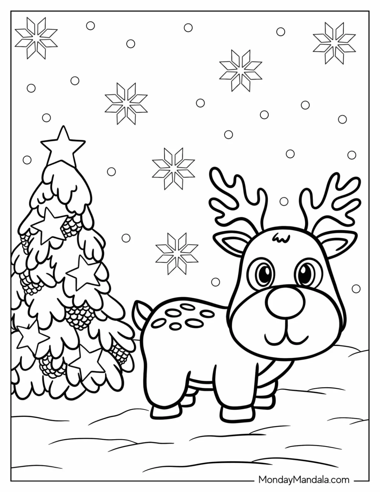 Adorable Little Rudolph Coloring Page Beside A Christmas Tree For Preschoolers coloring page