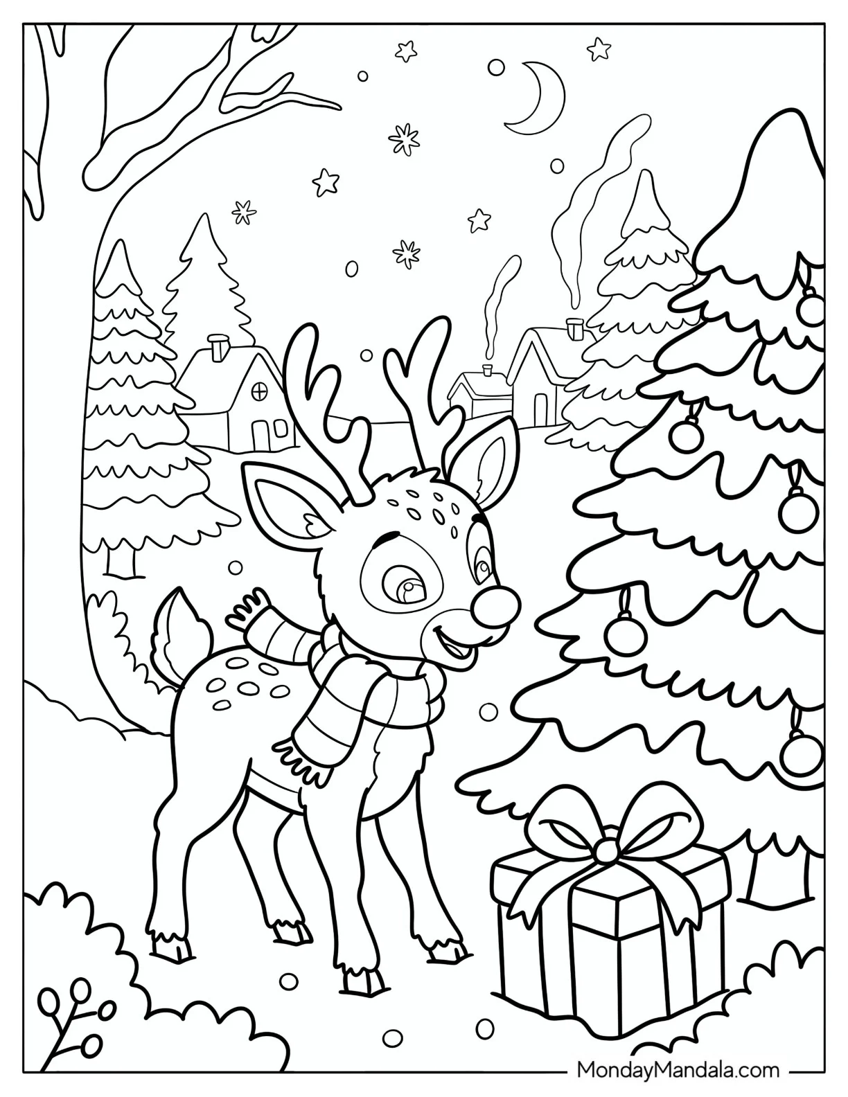 Baby Rudolph Discovering a Present in the Snow Coloring Sheet coloring page