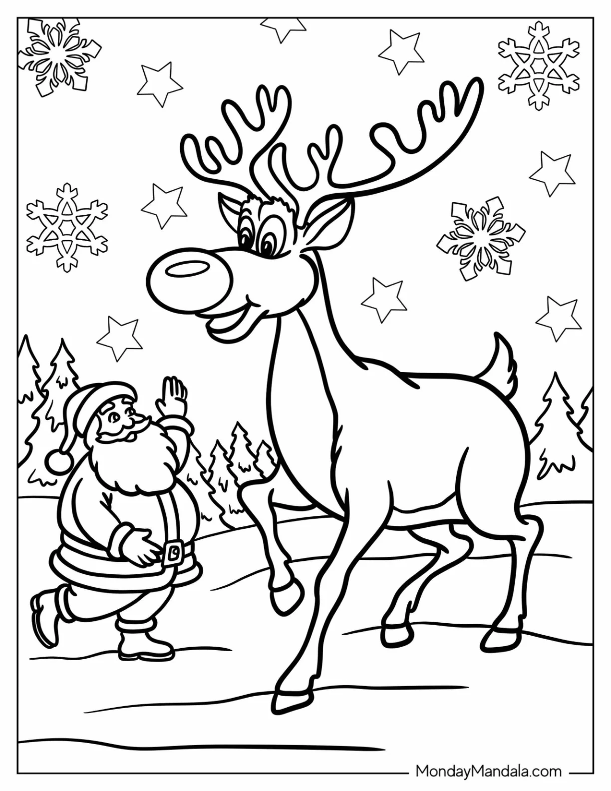 Cartoon Rudolph Coloring Page With Santa Claus In The Snow coloring page