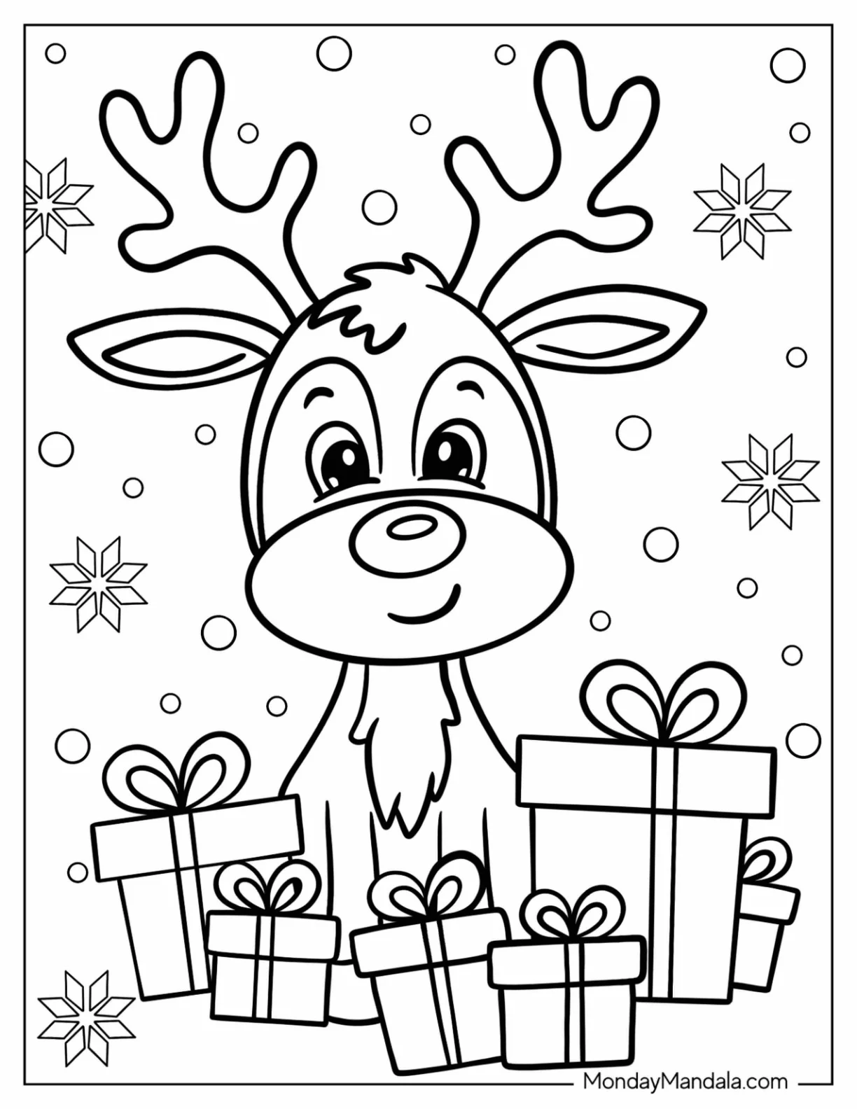 Cute Rudolph Coloring Page Sitting With Christmas Presents For Kids coloring page