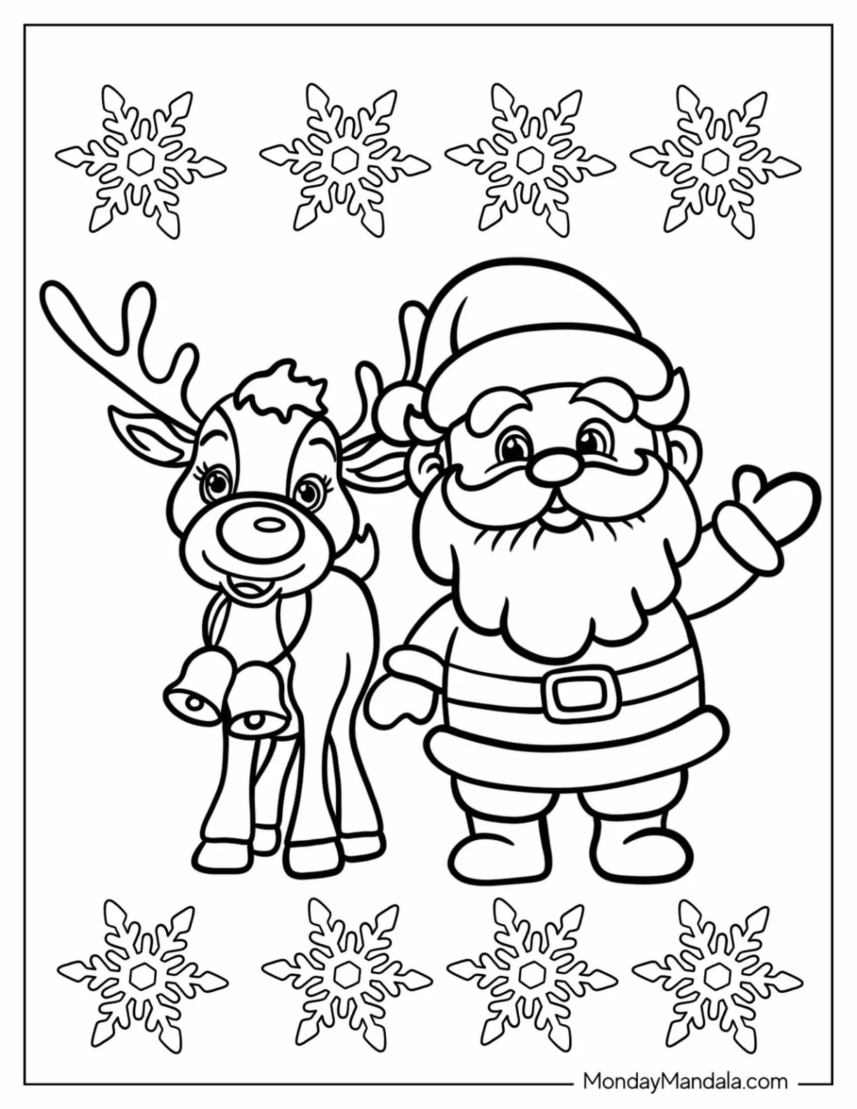 Cute Santa Waving With Rudolph Coloring Page Beside Him For Kids coloring page