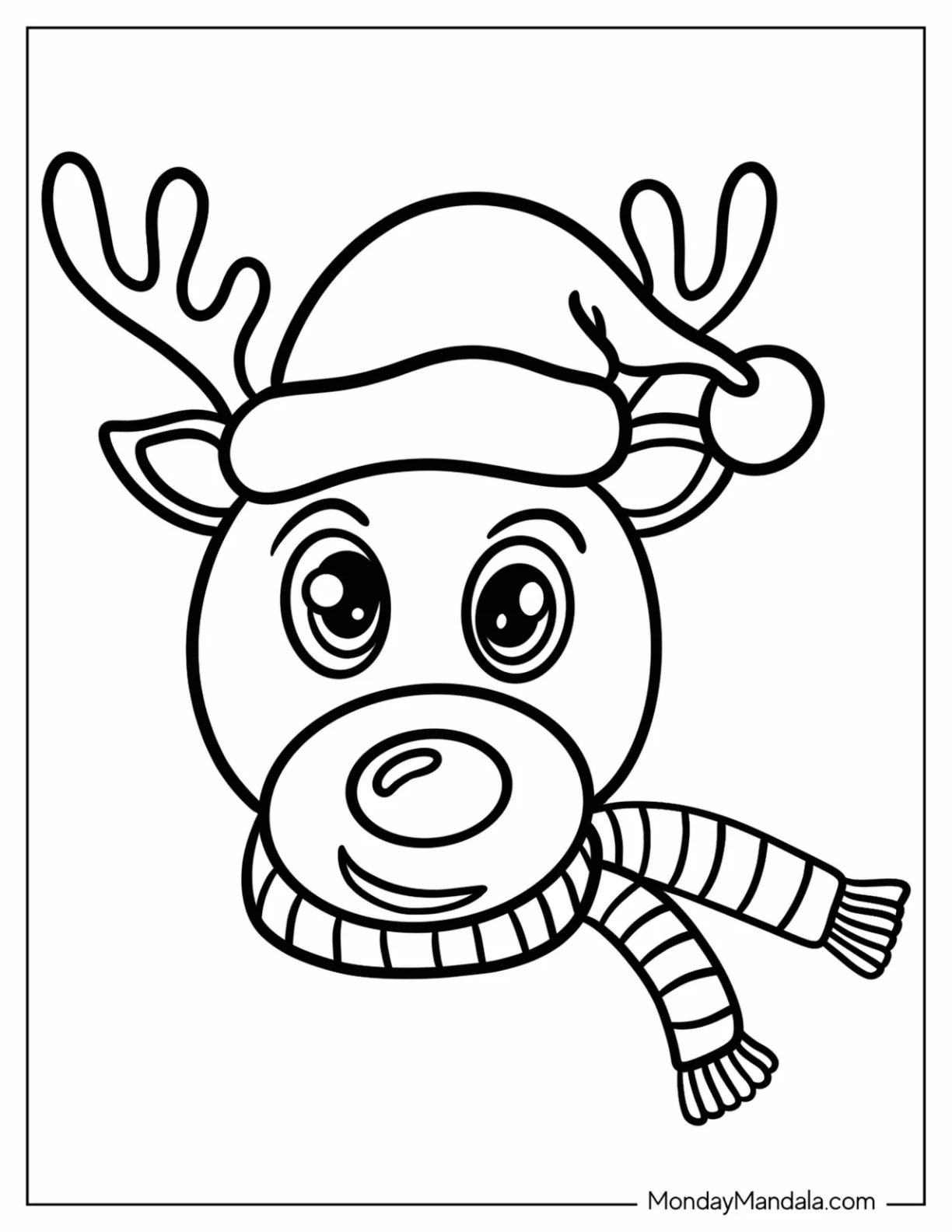 Easy Rudolph Coloring Page Wearing A Santa Hat And A Scarf coloring page