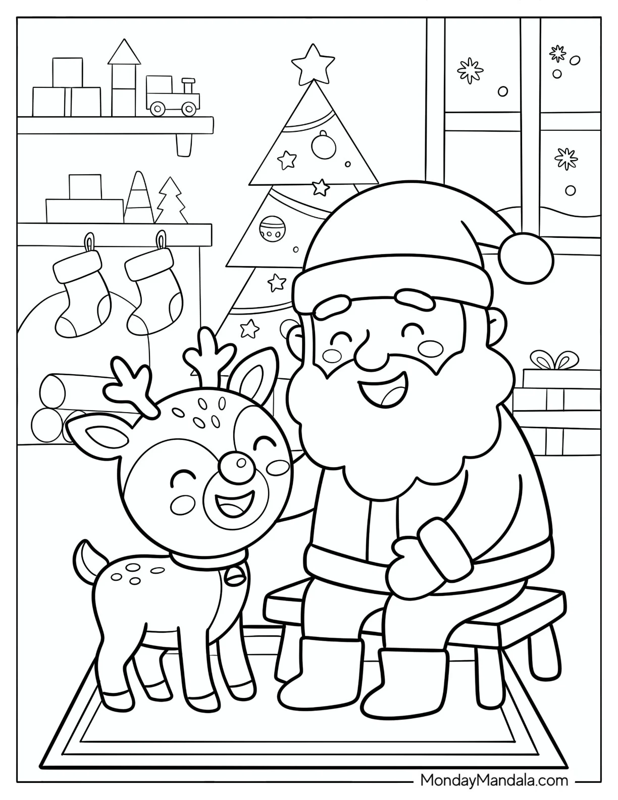 Easy Santa Petting Baby Rudolph Coloring Page for Preschoolers coloring page