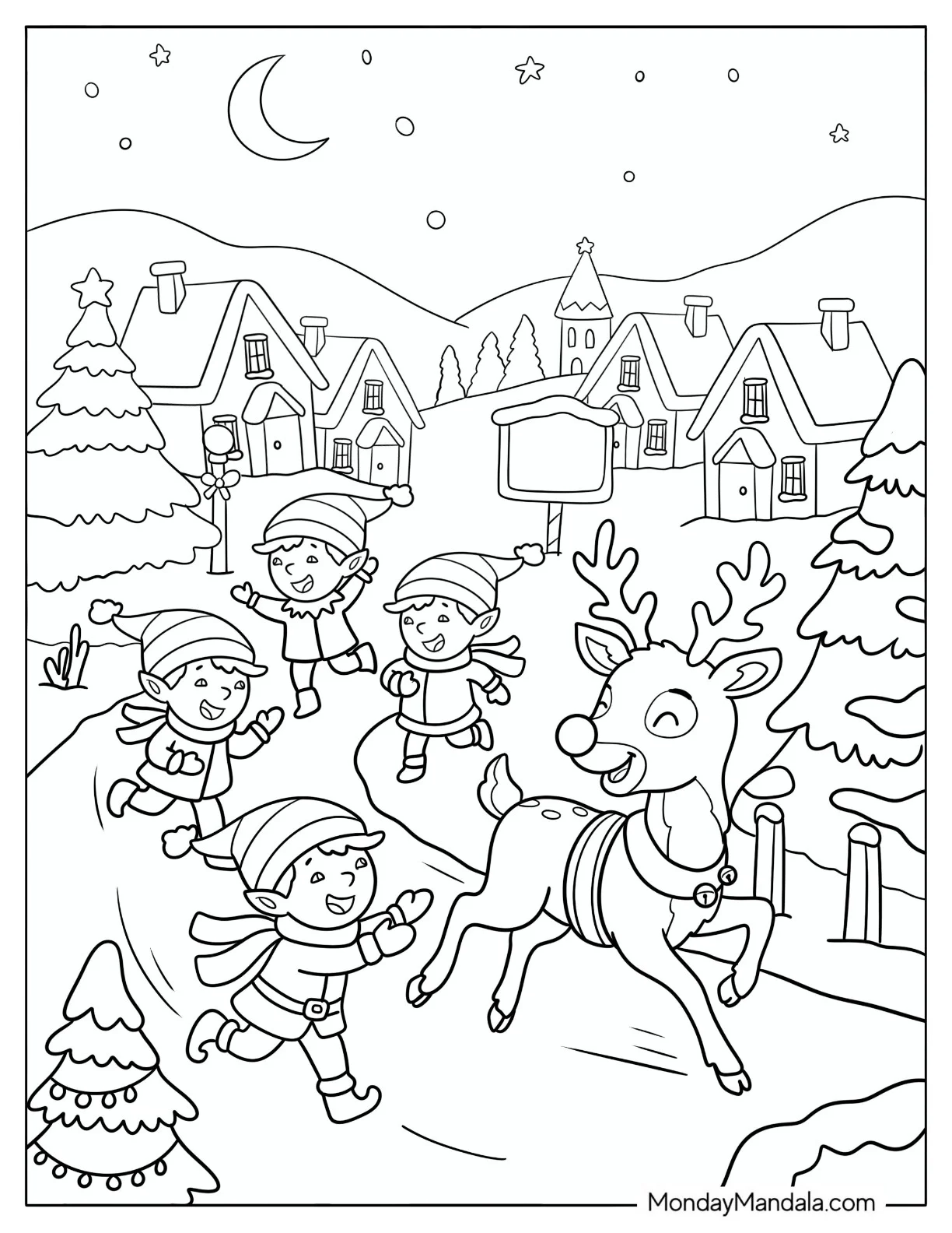 Elves Running with Rudolph on Snowy Streets coloring page
