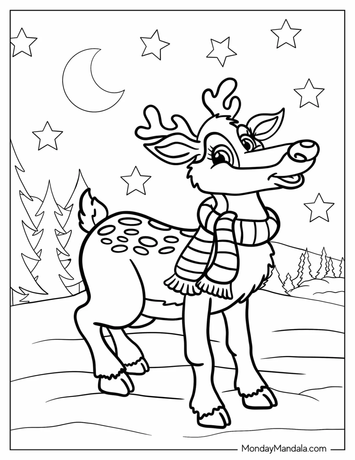 Furry Rudolph Coloring Page Wearing A Scarf Under The Night Sky coloring page
