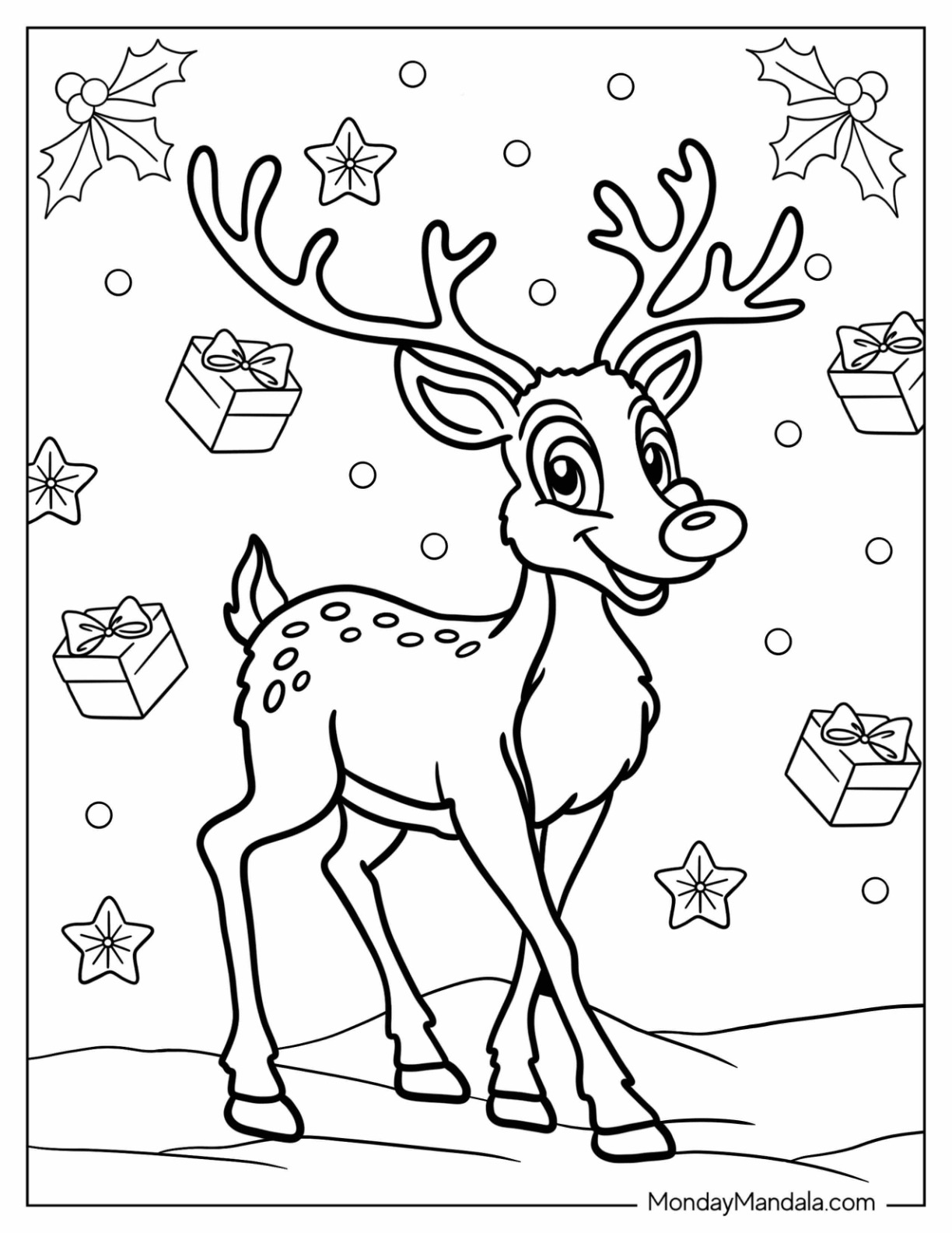 Happy Rudolph Coloring Page Trotting In The Snow With Presents In The Background coloring page