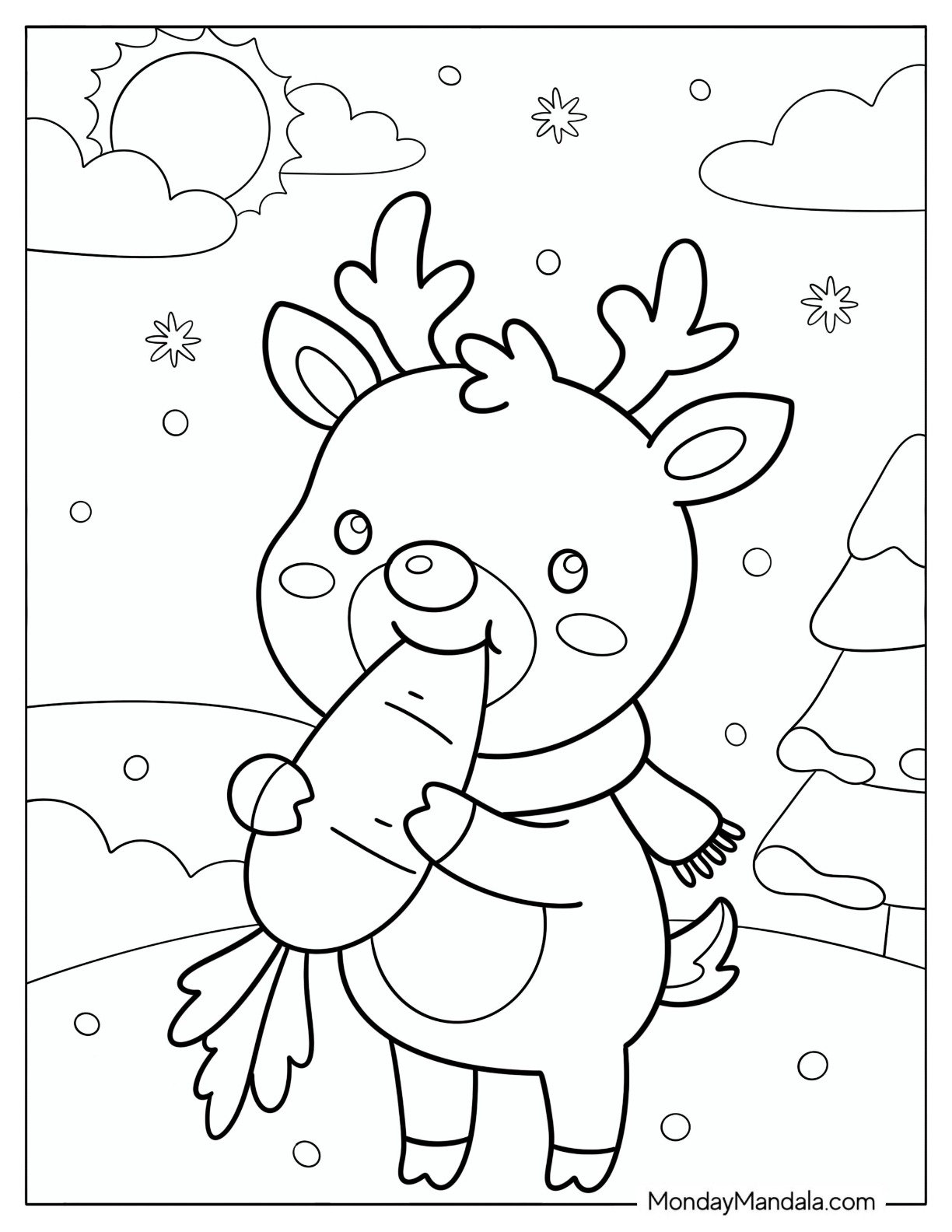 Hungry Rudolph Eating a Carrot in Winter Coloring Page for Preschoolers coloring page