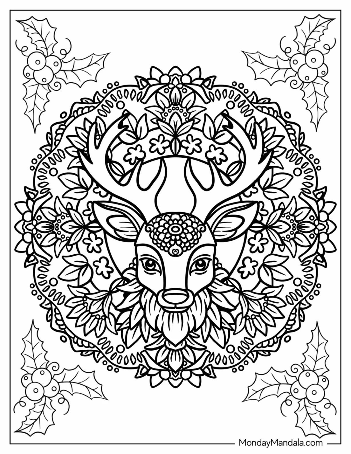 Intricate Rudolph Coloring Page Mandala With Mistletoes coloring page