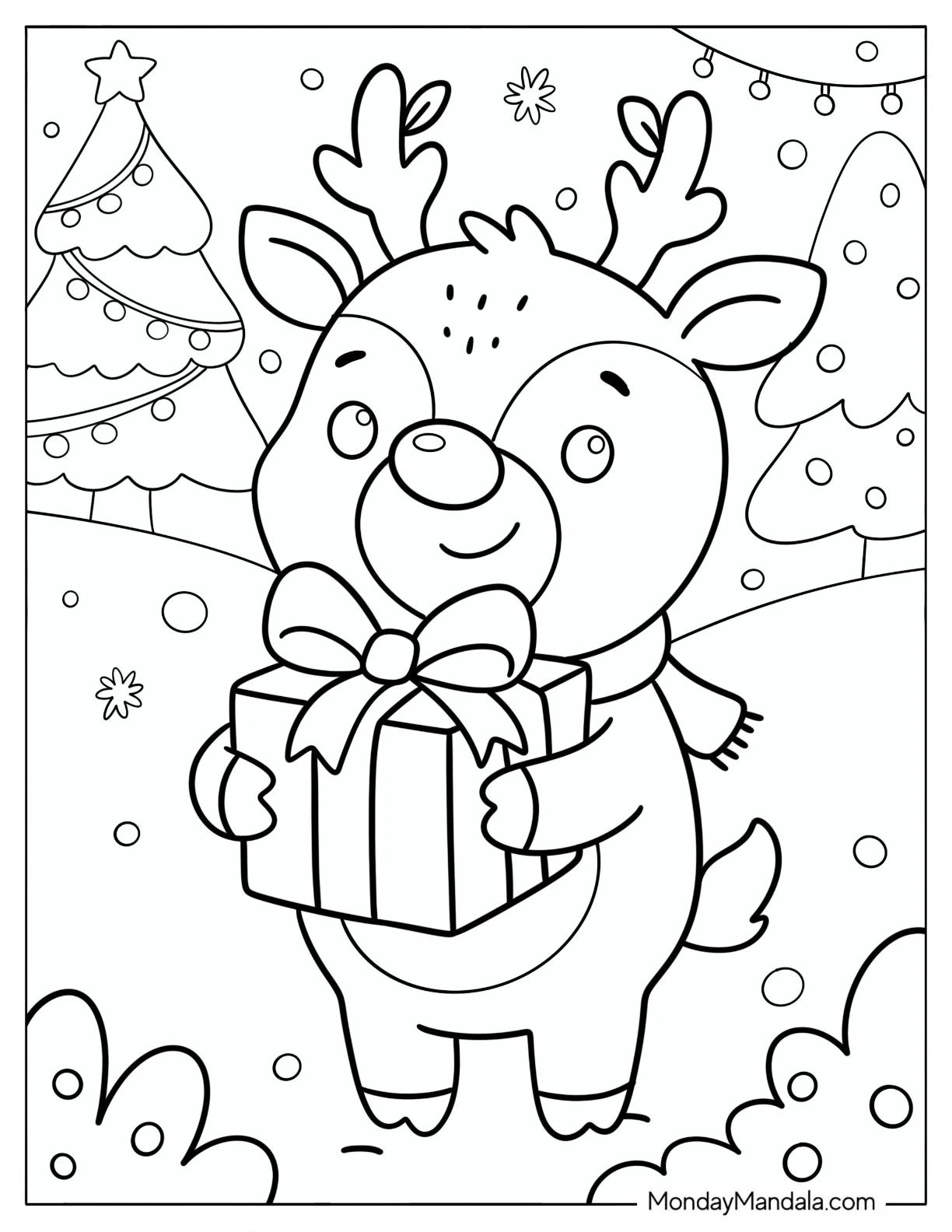 Kawaii Rudolph Holding a Christmas Present Coloring Page coloring page