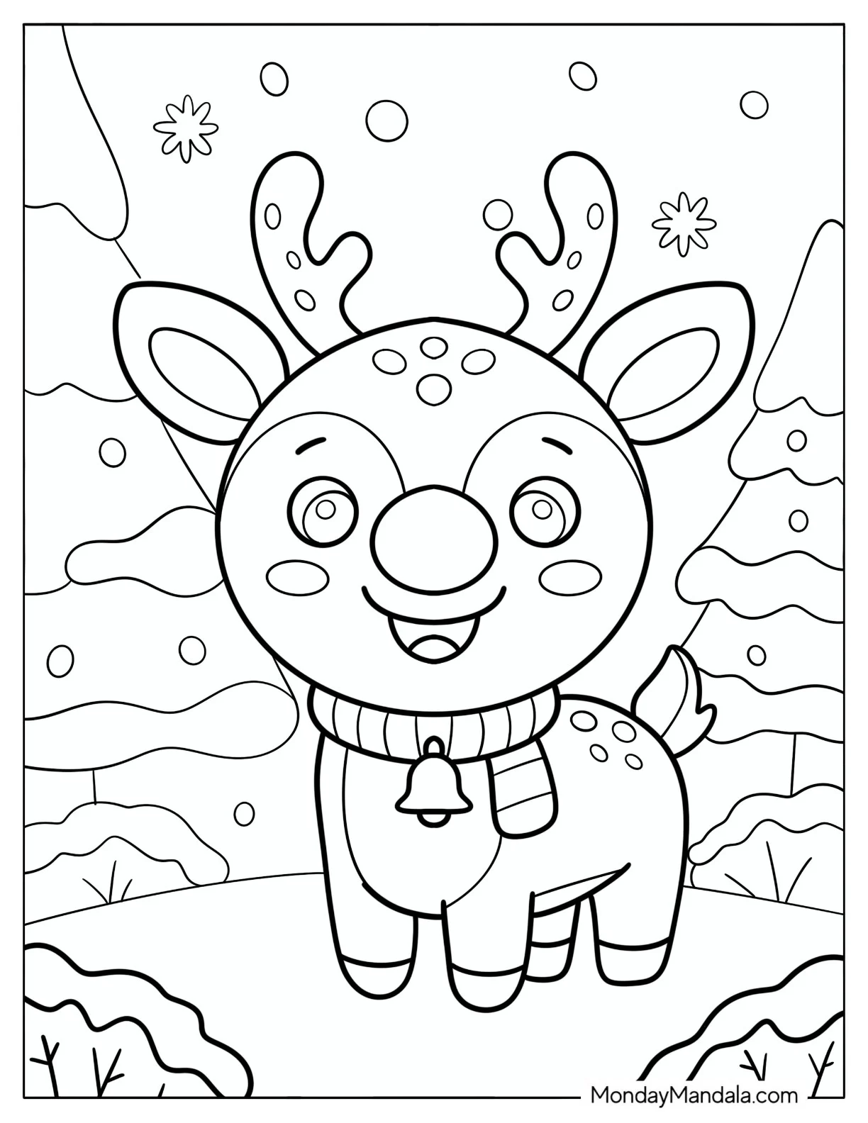 Little Rudolph with Bell and Scarf in Winter Coloring Page coloring page
