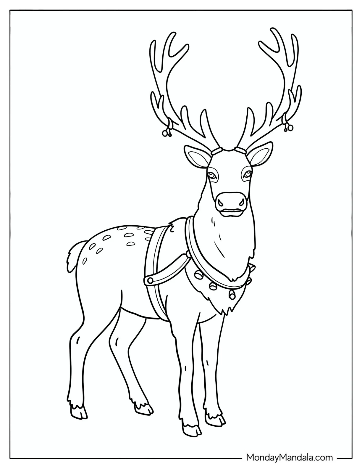 Realistic Rudolph with Harness and Bells Coloring Page coloring page