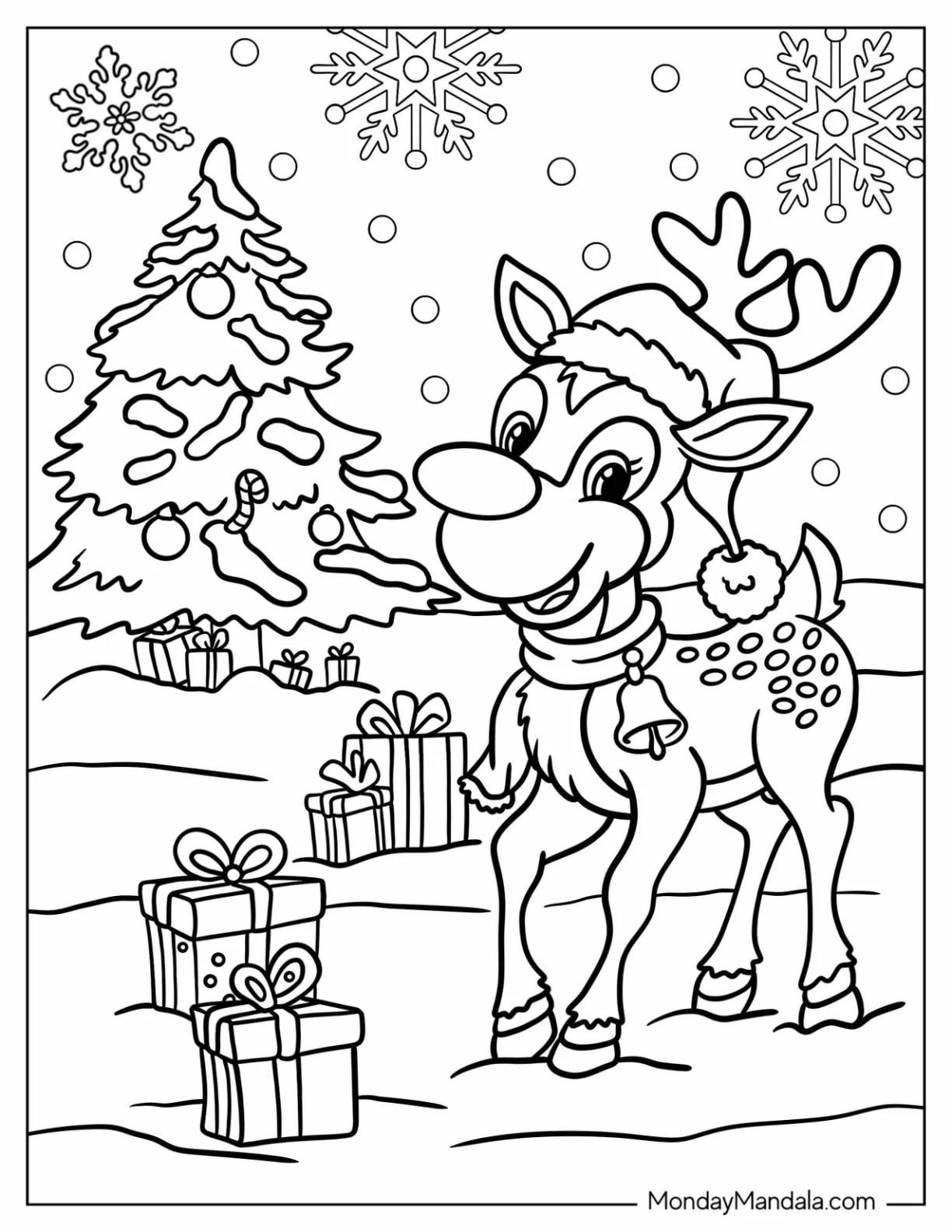 Rudolph Coloring Page Wearing A Santa Hat While Walking In The Snow coloring page